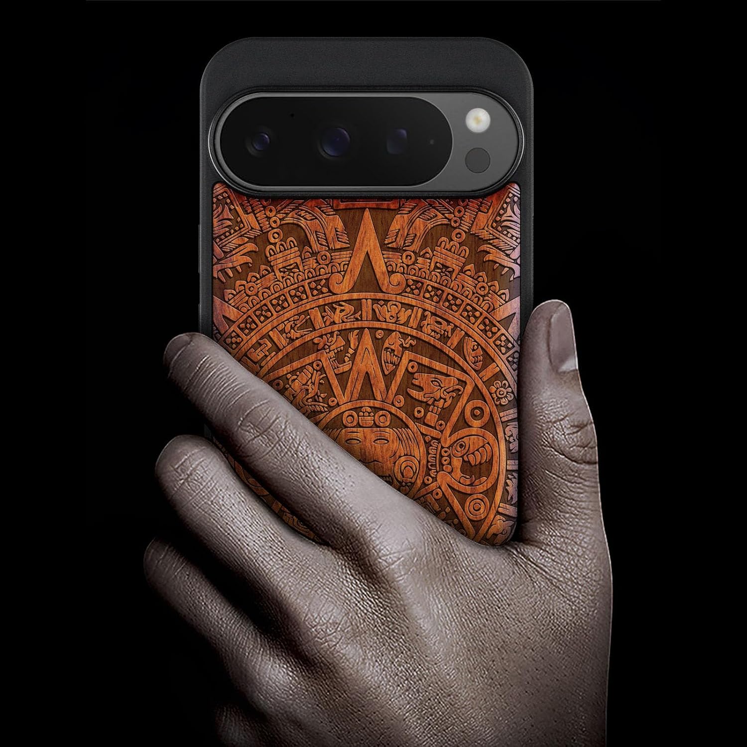 Carveit Magnetic Wooden Case for Google Pixel 9 Pro XL Case, Wood Artisan Engraved & Soft TPU Shockproof Cover, Compatible with MagSafe Wireless Chargers (The Maya Calendar) Rosy