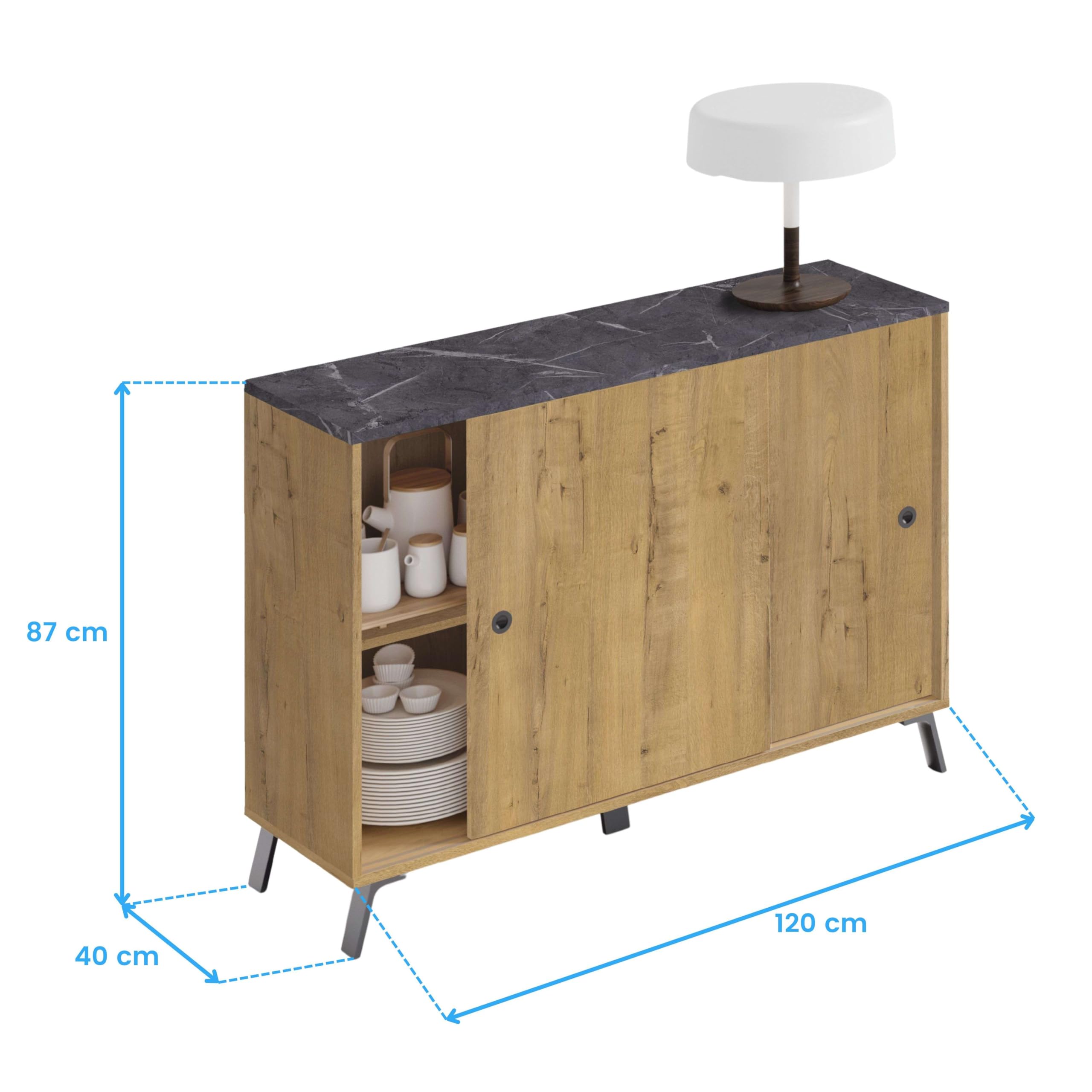 MUEBLES PITARCH Aparador Salón Comedor, Buffet, Mueble Auxiliar, 2 Puertas correderas, Roble Gold con Patas Negras, 87x120x40cm, Despensa, Cocina, Despacho, Recibidor Moderno Industrial, Modelo Kamet