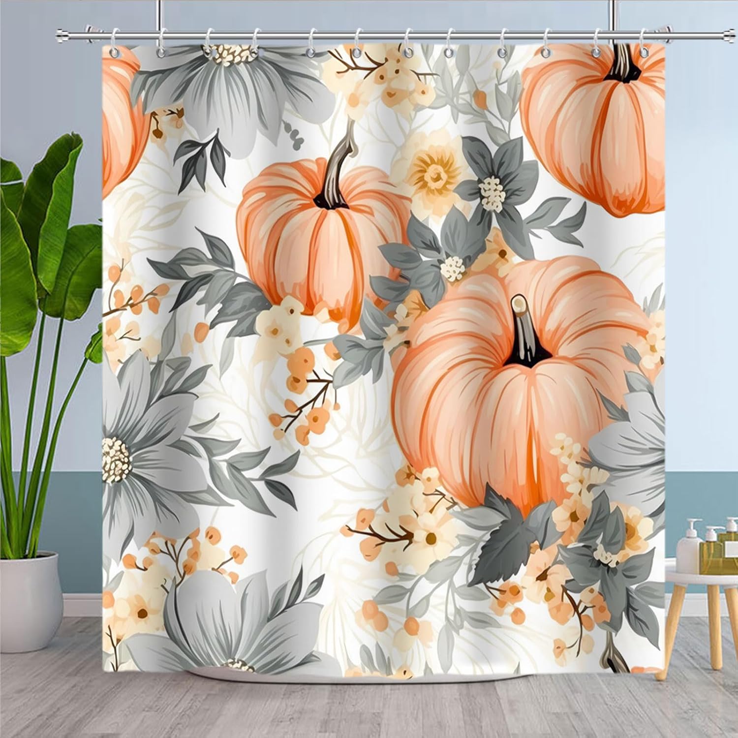 Fall Pumpkin Shower Curtain Set Boho Watercolor Floral Autumn Pumpkin Thanksgiving Decorative Bath Curtain Farmhouse Fabric Waterproof Bathroom Decoration with 12 Hooks, 72x84in