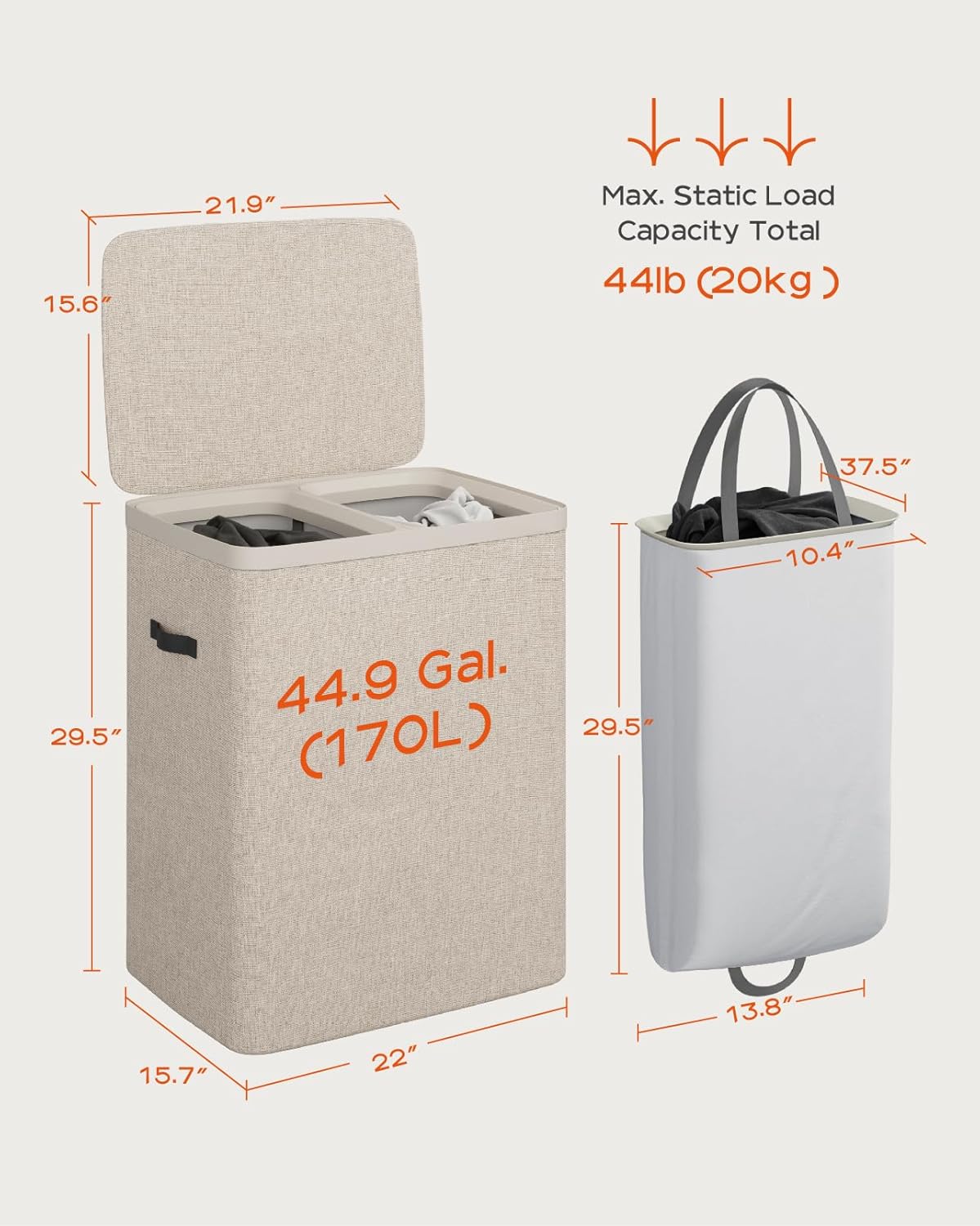 CASAMAYA Laundry Basket with Lid, Laundry Hamper 2 Section, 170L collapsible Laundry Organizer, Easy Assembly, with Handles and Removable Liners, 22 x 15.7 x 29.5 Inches, Beige JSP903M