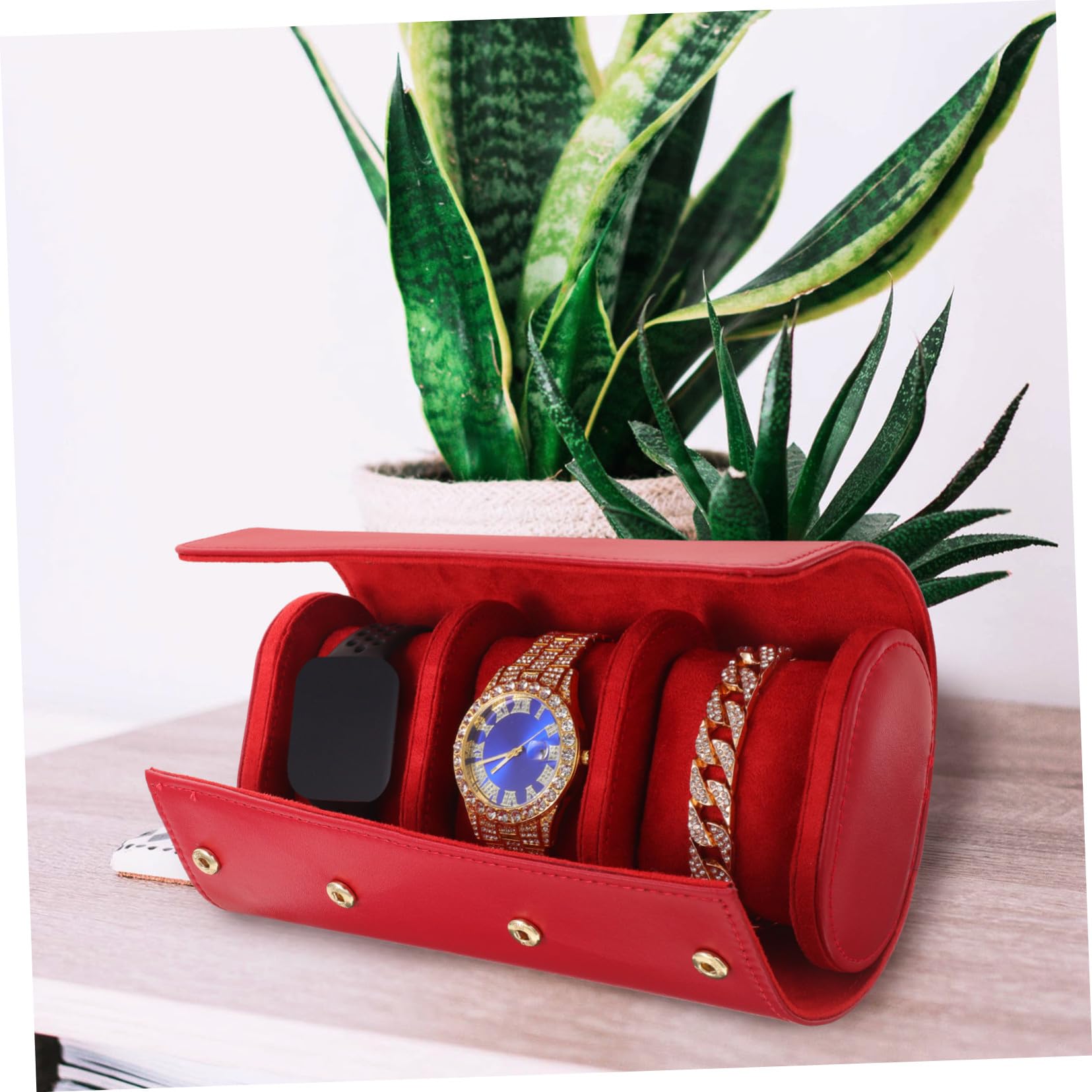 COLLBATH Estuche de Cuero Rojo Elegante y Fácil de Transportar para Reloj 3 Compartimentos Adecuado para Viajeros y Entusiastas de Relojes