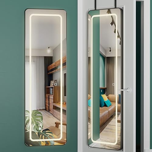 PRIMETEK Espejo colgante de 47 x 15 pulgadas con luz LED sobre la puerta espejo montado en la pared espejo de longitud completa con luces espejo de