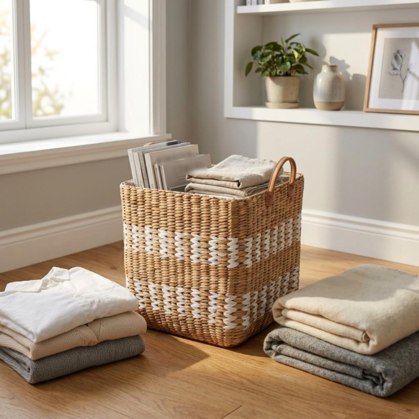 Cesto Porta Biancheria Cestino Organizer Contenitore in Stile Intrecciato Struttura Solida Liner Rimovibile Manici Confortevoli per Trasporto Adatto per Bucato Guardaroba