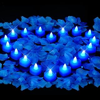 Amagic 2000 Pieces Blue Artificial Rose Petals with 24 Blue Heart LED Tea Lights, Rose Petals and Candles Set for Proposal, Anniversary, Romantic Night, Wedding Decor