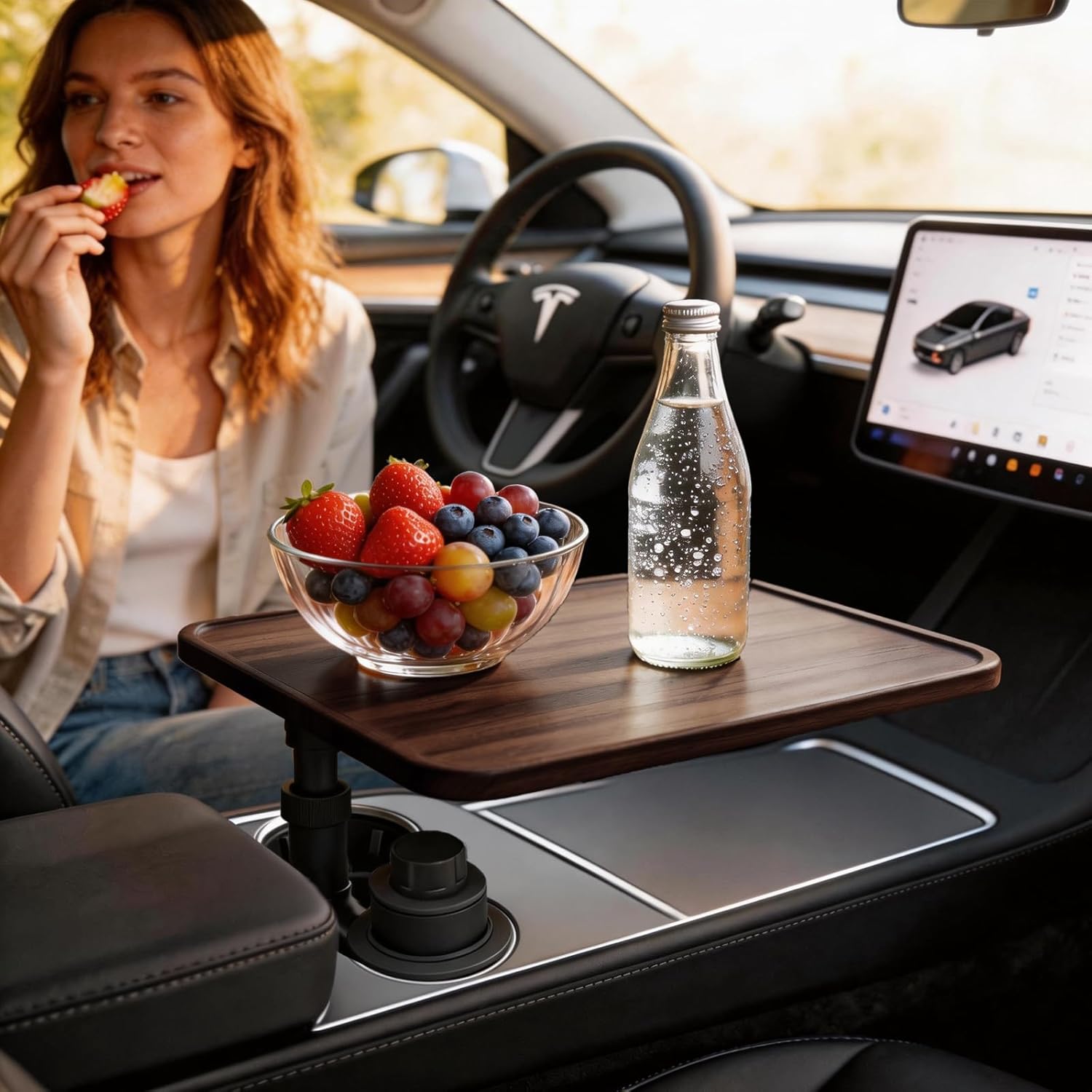 Car Desk for Laptop & Tablet, 360° Swivel Base, Cup Holder Mounted Wood Composite Tray, Tool-Free Setup, Heat Resistant, Fits 2.75–3.93 Inch Cup Holders, Compatible Tesla Y/3/S & Ford F150