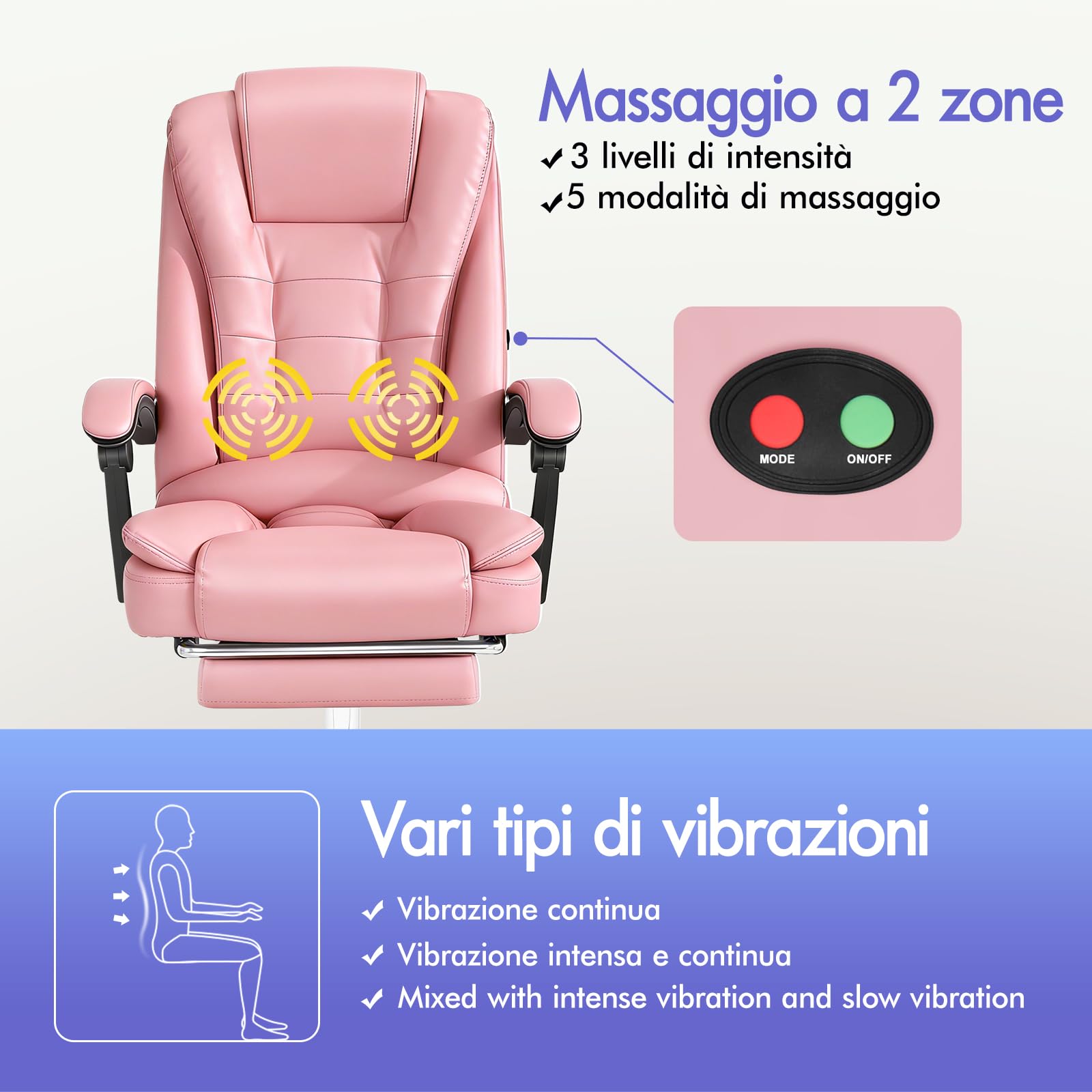 ALFORDSON Sedia Ufficio Ergonomica con Massaggio, Sedia Scrivania con Poggiapiedi e Supporto Lombare, Poltrona Girevole con Rotelle per Studio e Sala Riunioni, Similpelle(Rosa)