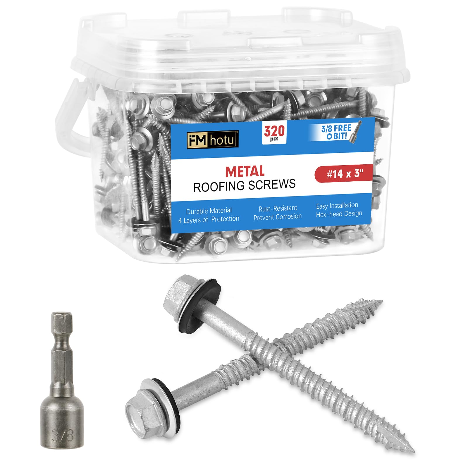 FMhotu Tornillos de metal para techos #14 x 3 pulgadas, 320 unidades, cabeza hexagonal, revestimiento Rustpert, tornillo de revestimiento de chapa metálica a madera con arandela de goma EPDM, punta