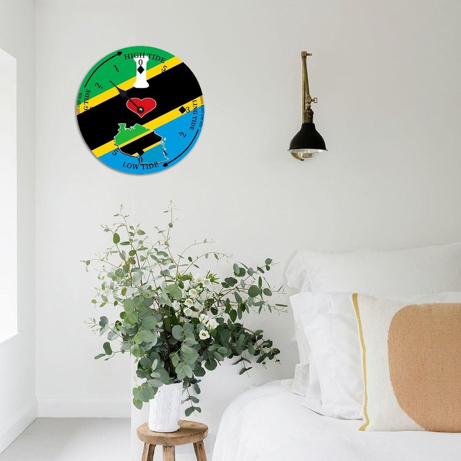 Rustic Wood Tide Clock Tanzania Flags Ocean Time Wooden Clock Wood Moon Tidal Clock for Wall High and Low Tide Movement Clock for Seaside House Cottage Hotel Camping 12x12 in