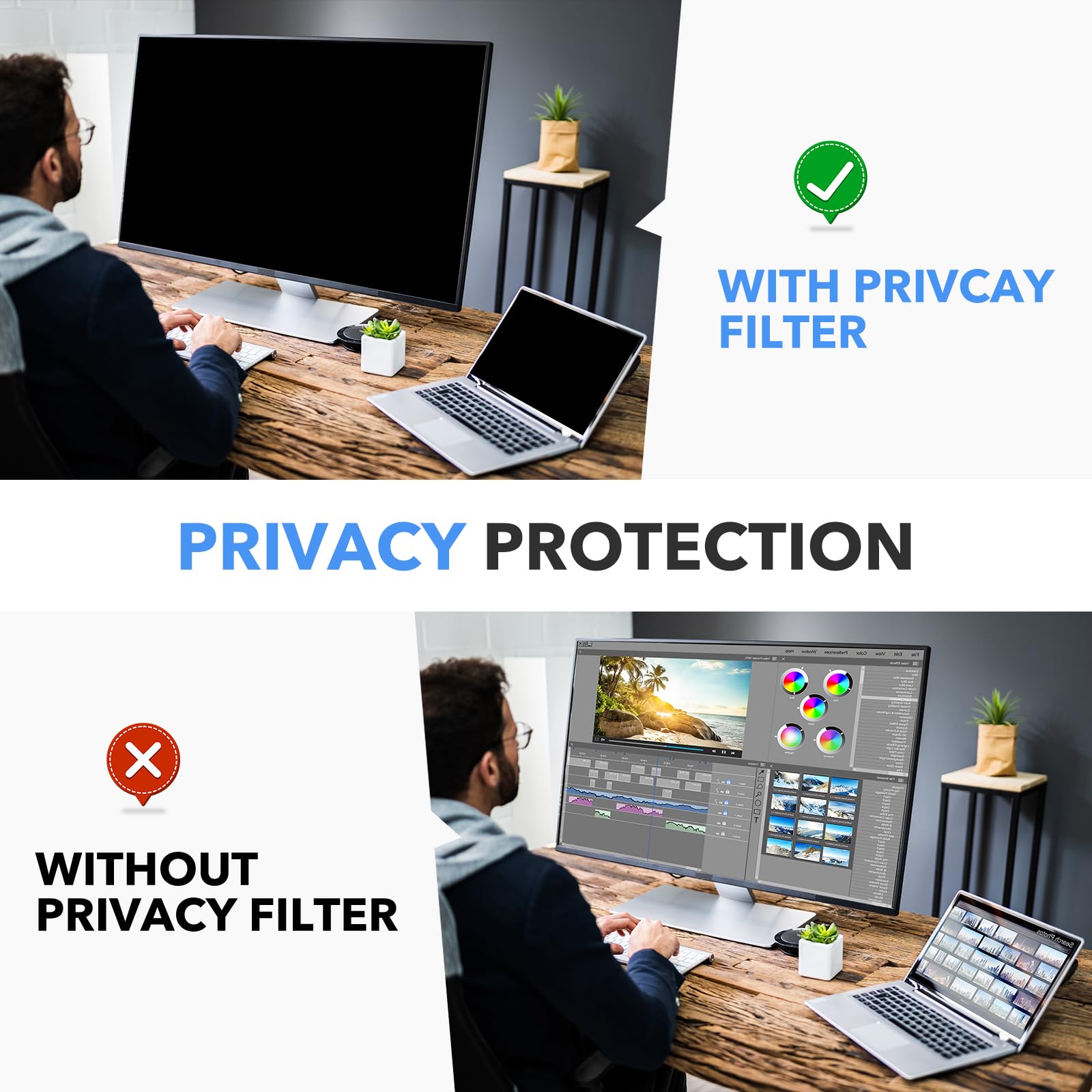 ruord Zichtwerende folie voor 20 inch, 16:9 (44,2 x 24,9 cm), blauwlichtfilter en anti-verblinding, afneembare privacyfolie, pc- privacyfilter voor kantoor