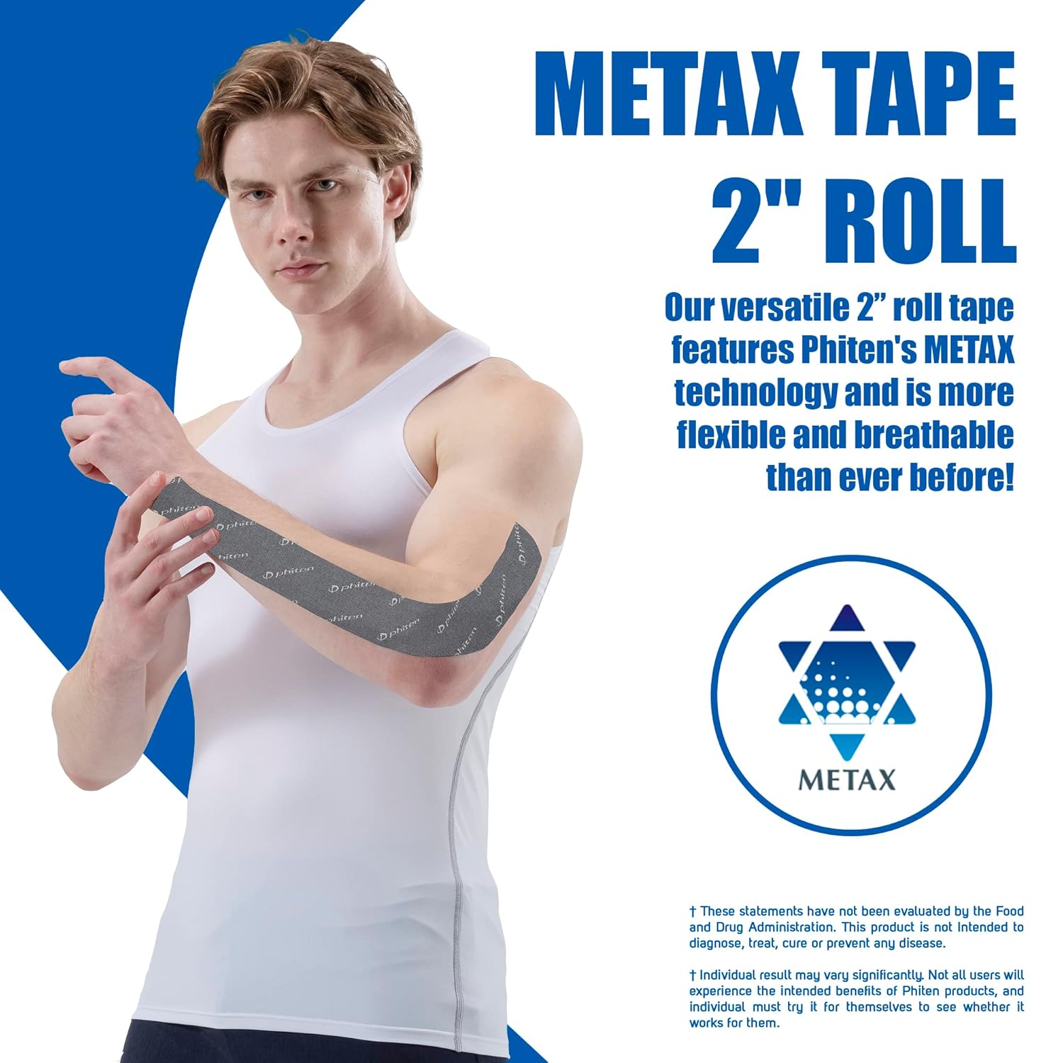 Phiten Metax Tape 2" Roll - Water-Resistant Kinesiology Tape for Muscle, Knee, Shoulder and Joint Support - Professional Sports Therapeutic Athletic Tape - Metallic Color: Gray Size: 2" x 14.7' - Image 2