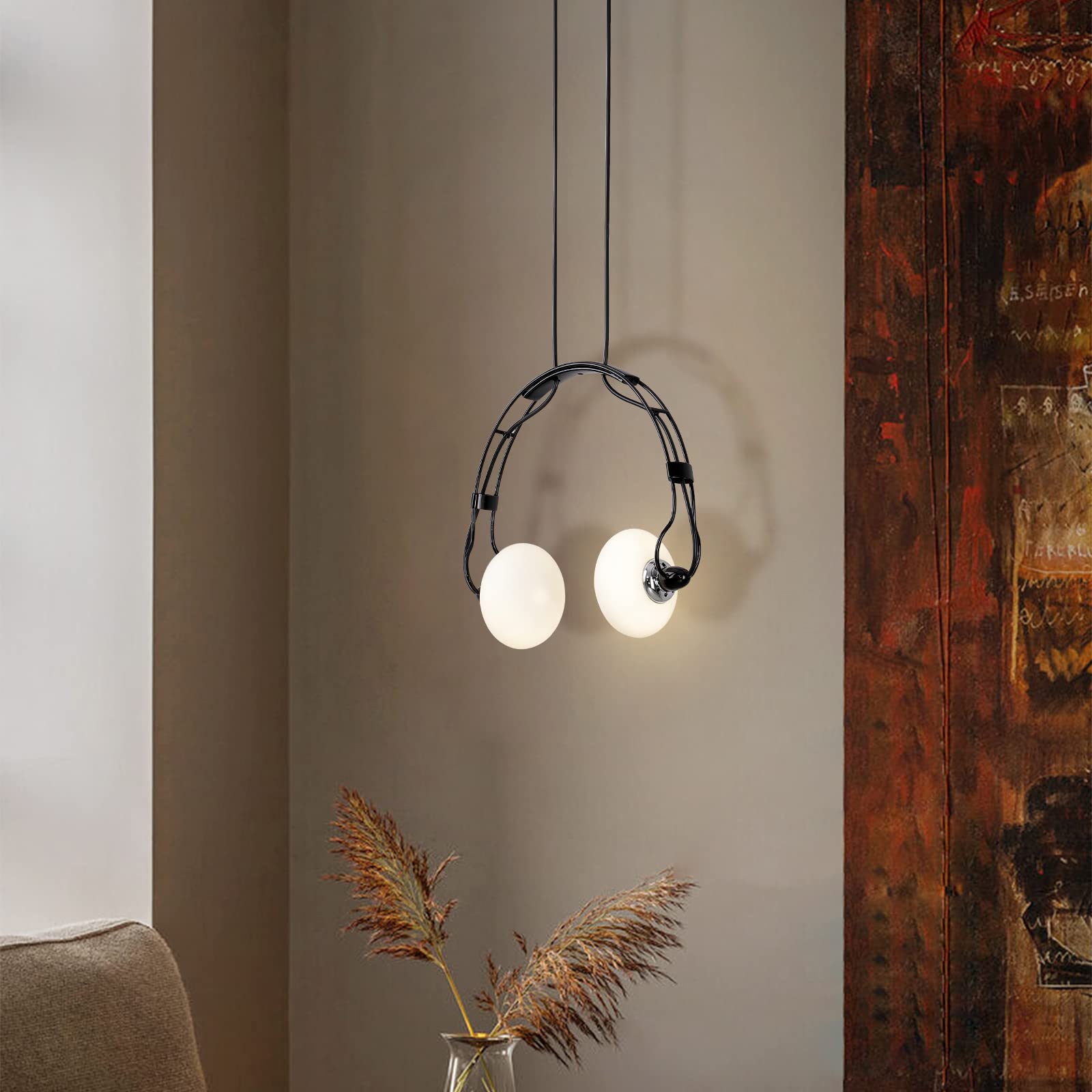 Kreatywna lampa wisząca LED, nowoczesna, żelazna, regulowana, wisząca lampa do jadalni, sypialni, szklany żyrandol, lampa sufitowa, 2 x żarówka G4, w zestawie (słuchawki, czarna)