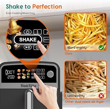 BiutiViita 10L Double Stack Air Fryer with Dual Basket & 2 Drawers – 2400W Dual Air Fryer for Even Heating with 4 cooking levels | 9-in-1 Modes, Sync&Match, Shake Reminder,Large for Family Capacity