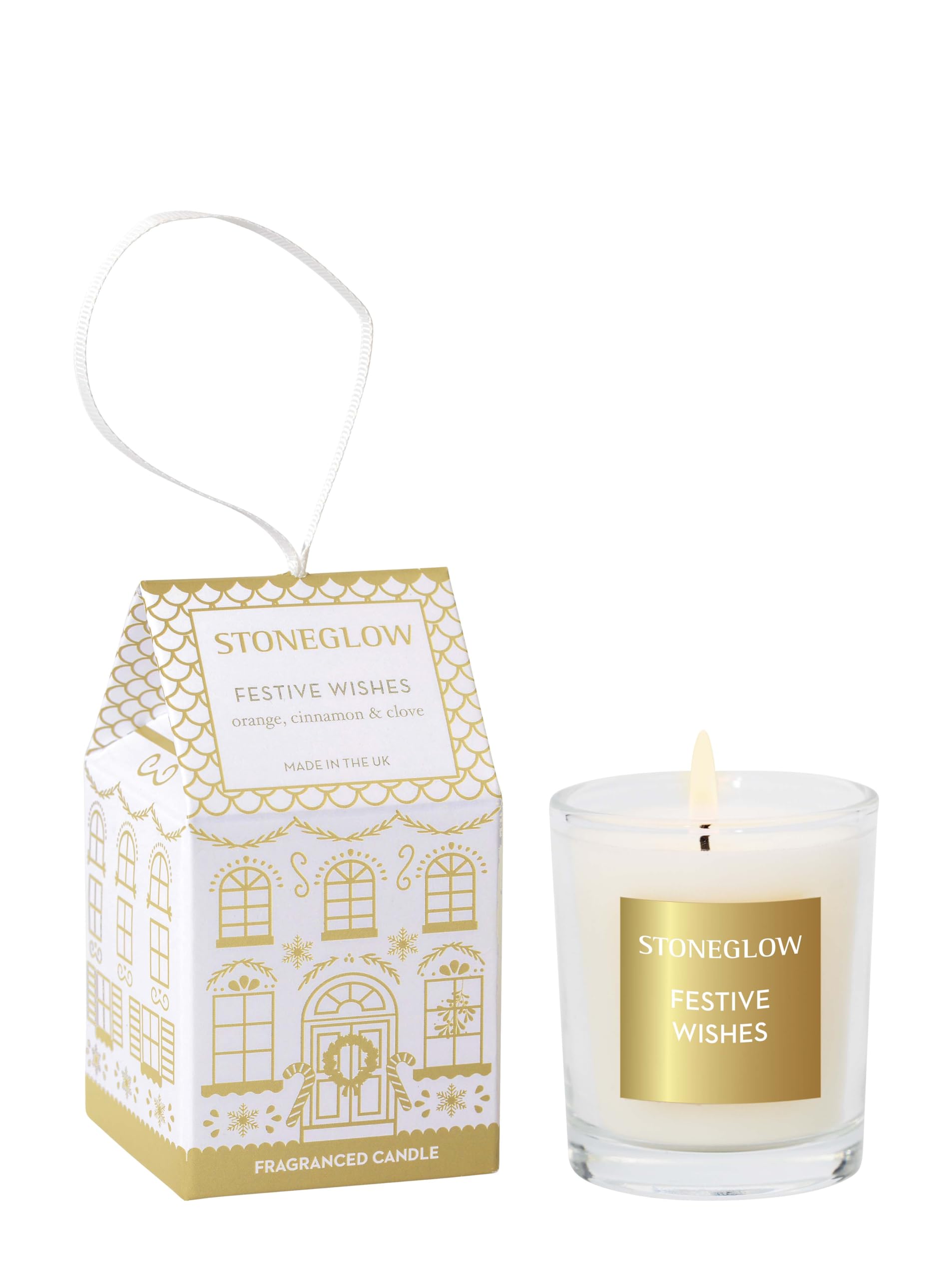 Stoneglow White & Gold Seasonal Collection - Festive Wishes - Orange, Cinnamon & Clove - Votive Candle (House) White