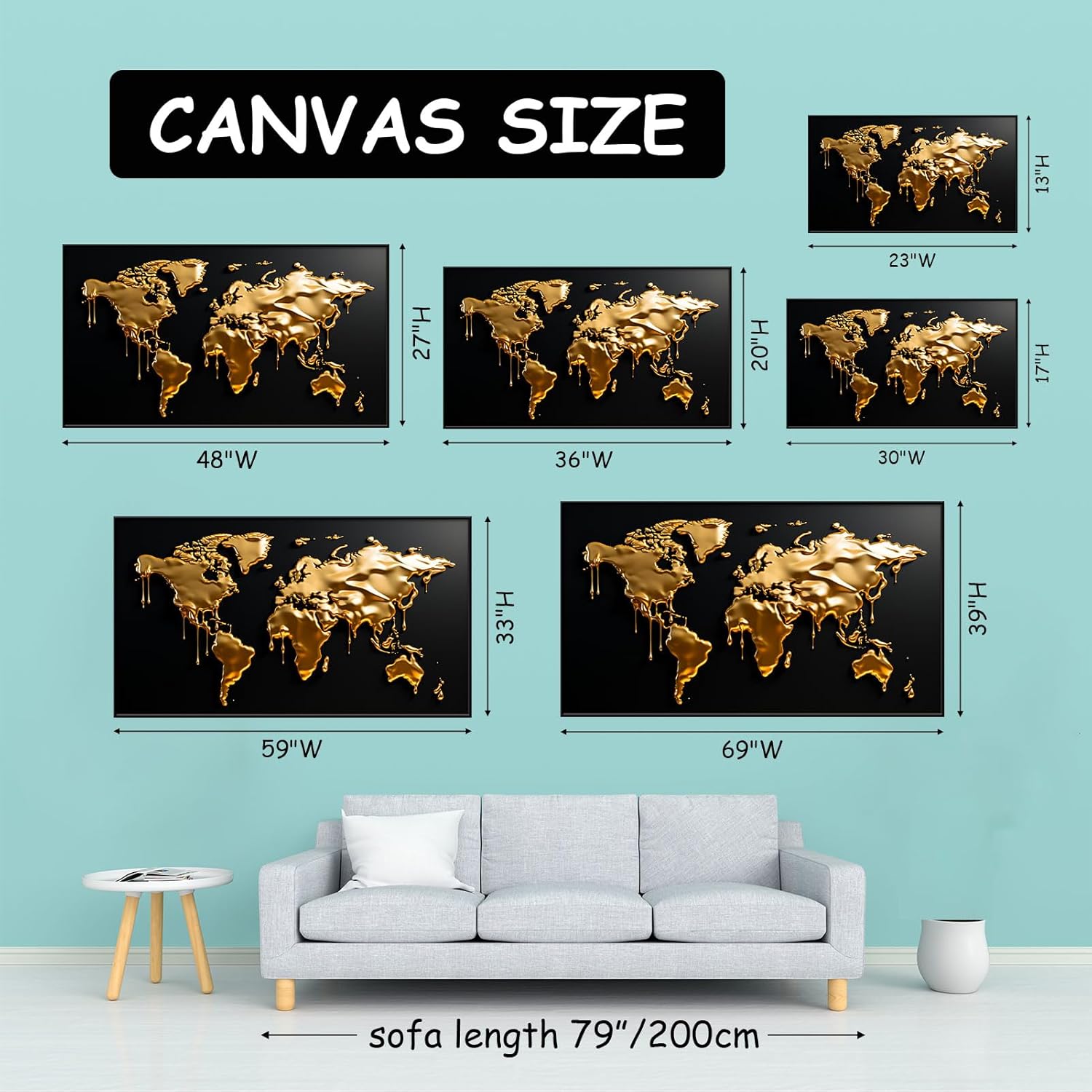 World Map Canvas Wall Art, Map of World For Wall Canvas, World Map Wall Decor, Black and Gold Canvas Wall Art, Framed World Map, Map Poster, Gold Office Decor, Home Decor Living Room (Gold Framed, 69"x39" | 174x98cm)