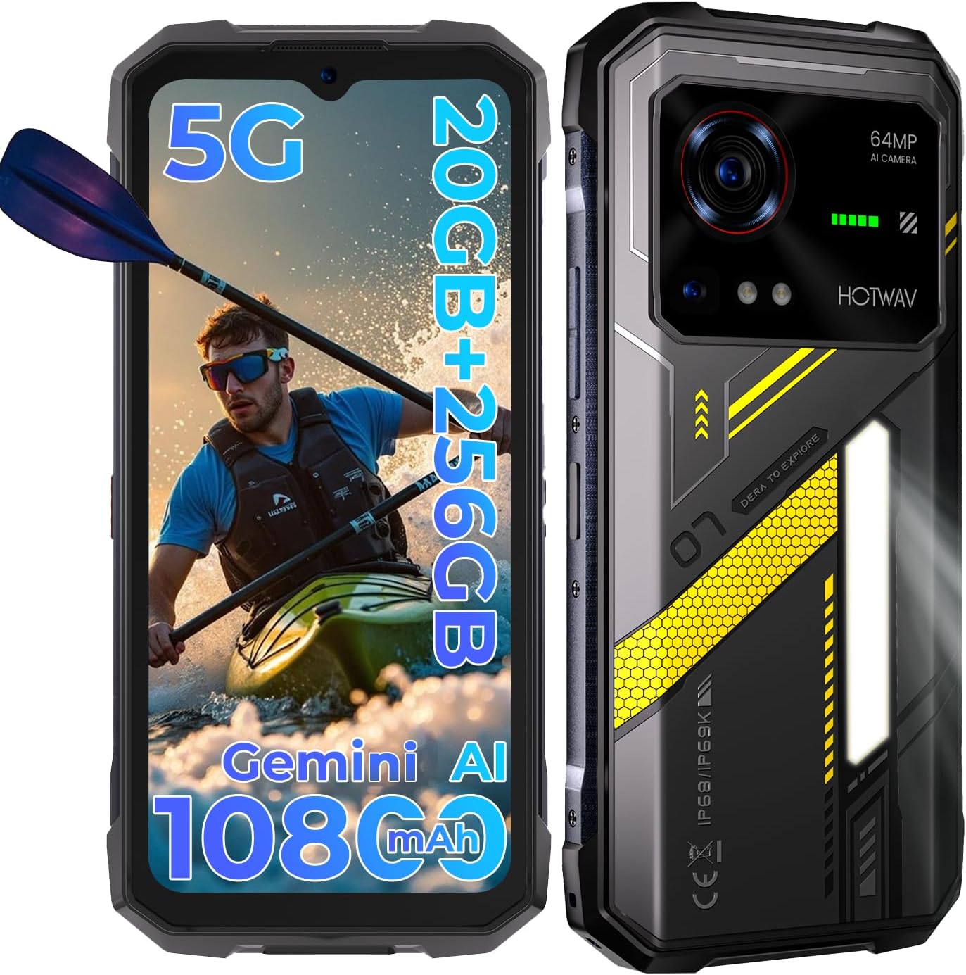 HOTWAV Hyper 7 Rugged Phone 5G Unlocked 2025, 20GB + 256GB/2TB Rugged Smartphone Android 14, 10800mAh 33W, 6.6" FHD+ 120Hz 2K Waterproof Phone, 64MP + 32MP Cell Phone, NFC/GPS/OTG/Fingerprint/T-Mobile
