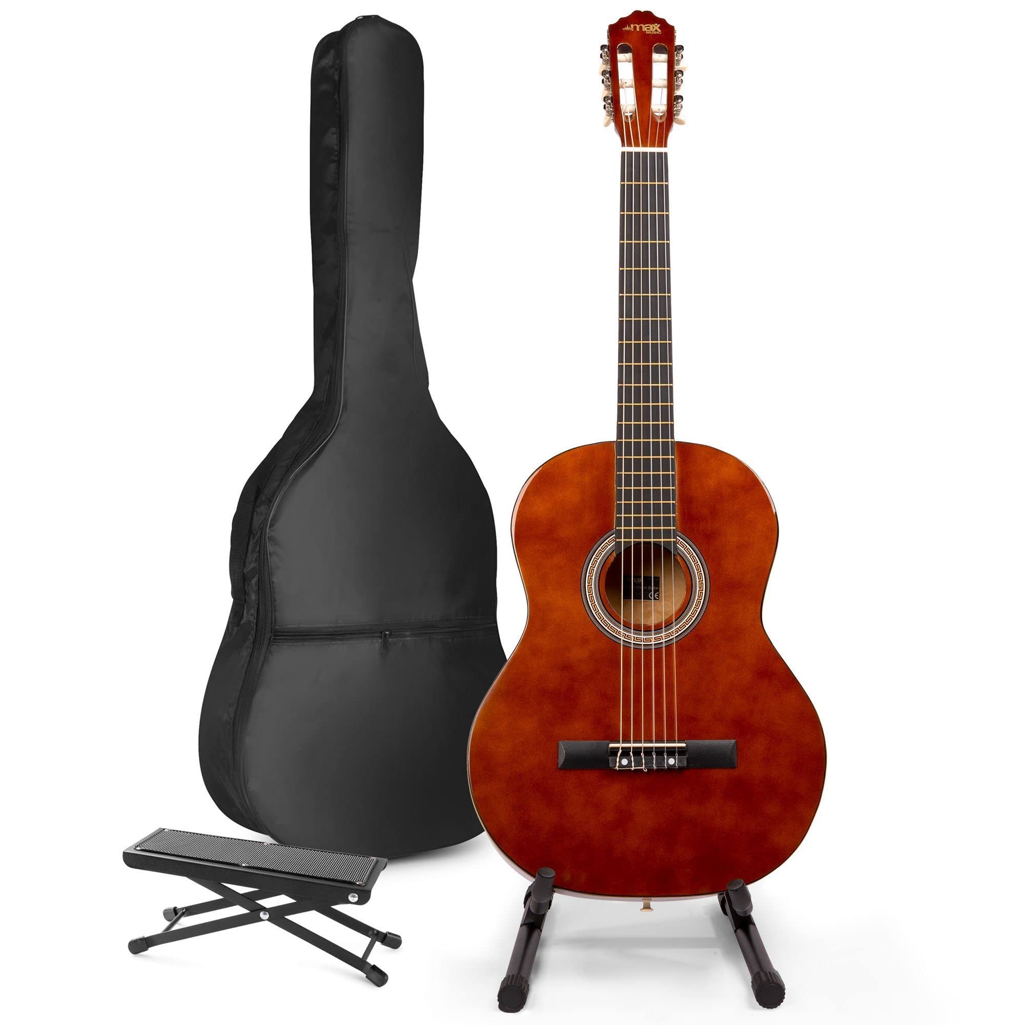 MAX SoloArt Guitarra Clásica Española – Set Completo para Principiantes con Reposapiés, Bolsa, Soporte, Afinador, Púas, Cuerdas y Correa – Ideal para Jóvenes y Adultos