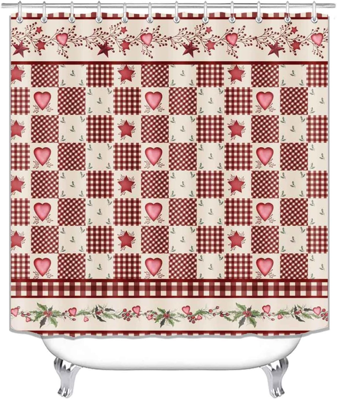4PCS Valentine's Day Shower Curtain Sets with Rugs, Waterproof Fabric Shower Curtain, Patchwork Beige Red Plaid Love Heart Western Texas Star Primitive Berry Rustic Farmhouse Bathroom Decor
