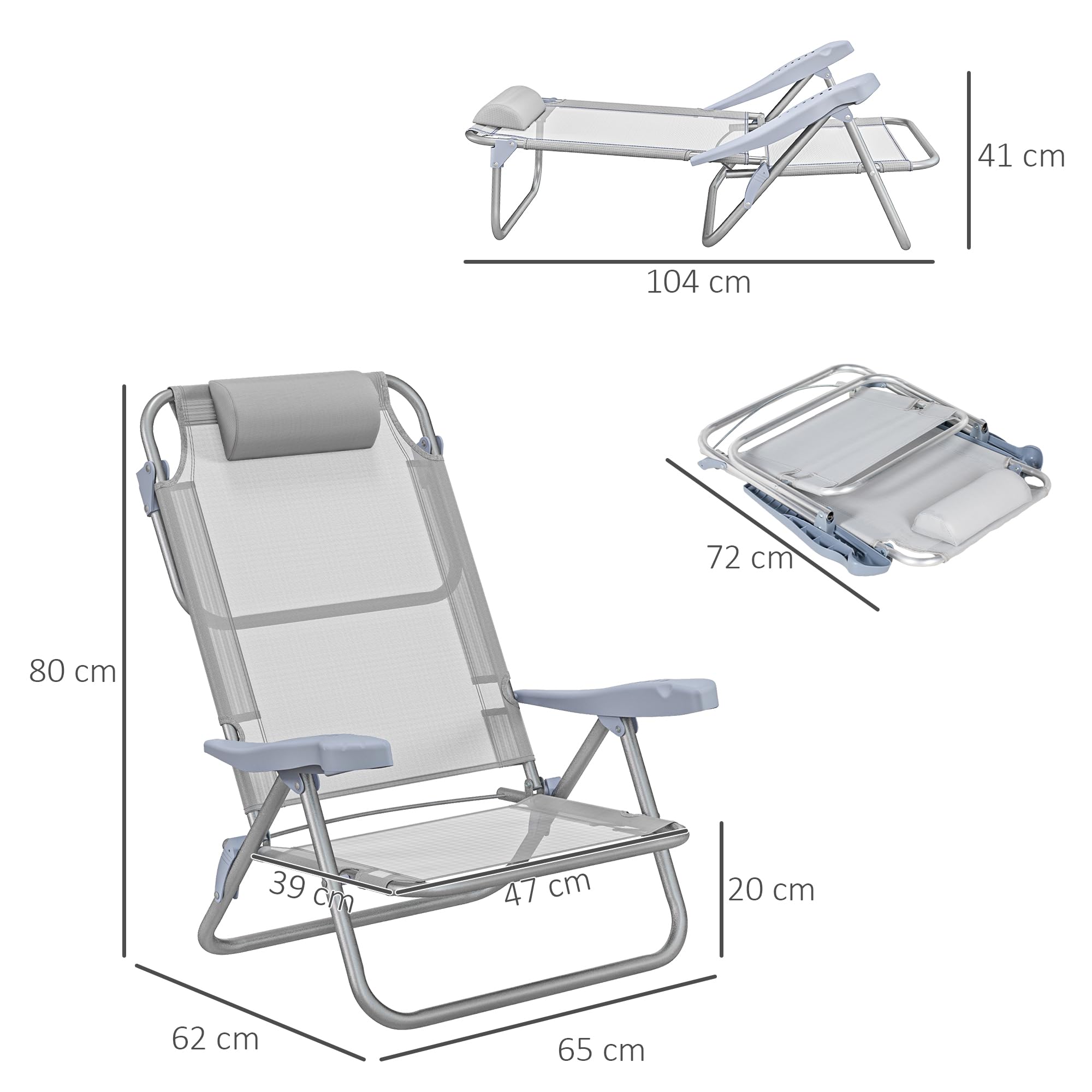 Outsunny Set 2 Sedie da Campeggio Pieghevoli con Poggiatesta Imbottito, Sedia da Pesca con Schienale Regolabile su 6 Livelli in Alluminio e Schiuma, 62x65x80 cm, Grigio Chiaro