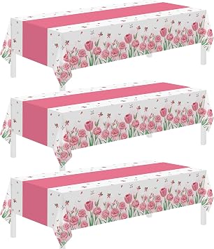 Childom 3 Pack Pink Tablecloth, Disposable Floral Tulip Tablecloth, 54" x 108" Plastic Rectangle Table Cover for Mothers Day, Tea Party Decorations, Birthday, Butterfly Party Supplies