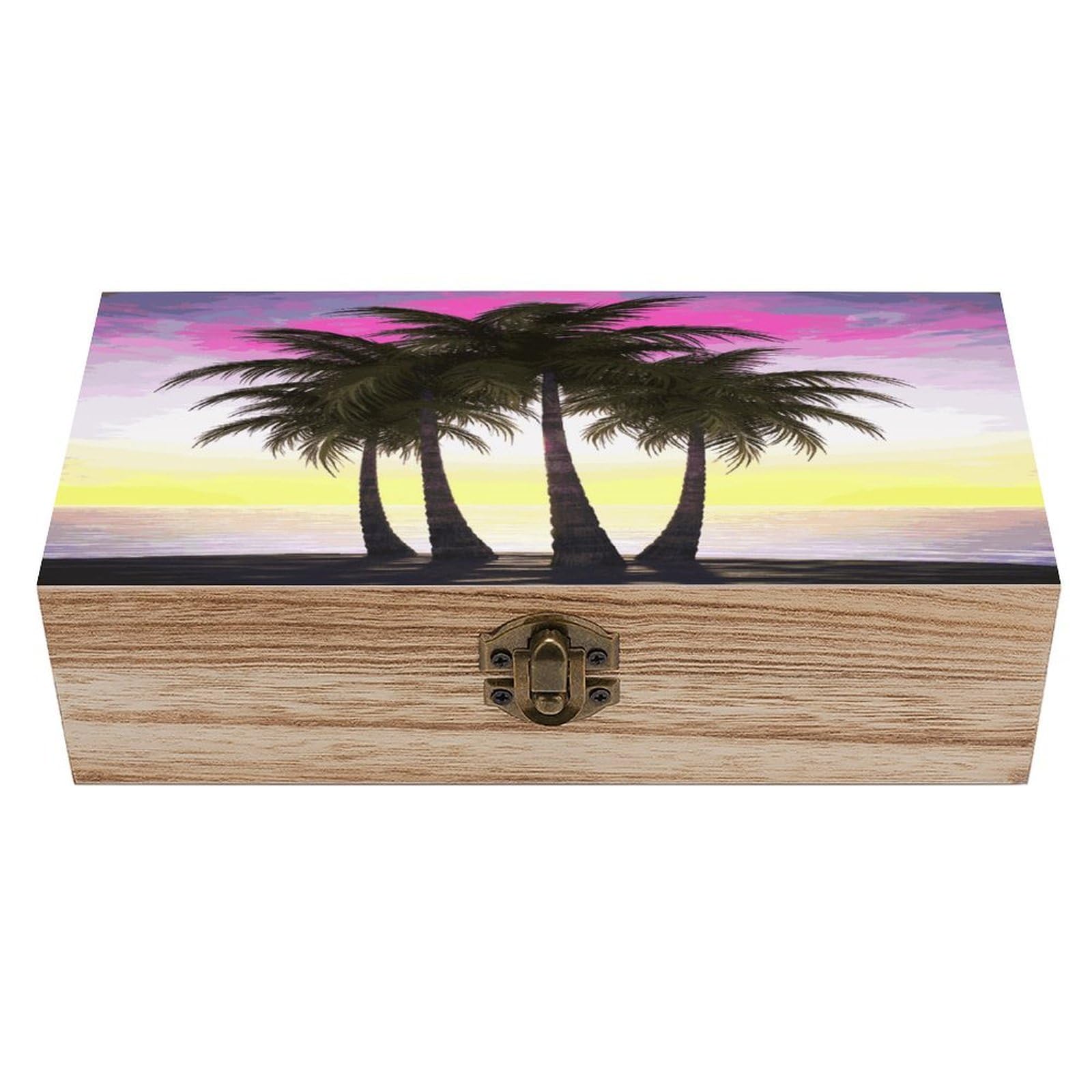 FekiLoot Tropical Palm Tree Wooden Storage Box Rustic Jewelry Box with Hinged Lid Large Jewelry Storage Case Beautifully Keepsake Boxes Unique Gift Ideas for Men & Women
