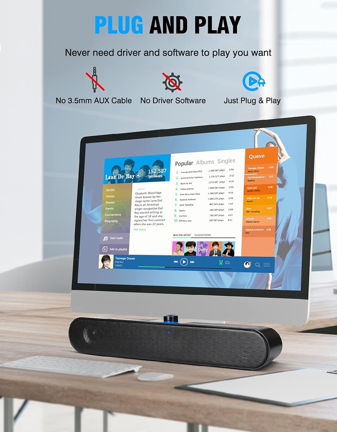 LENRUE A25 speaker connected to a desktop computer, illustrating plug and play functionality without needing drivers or an AUX cable.