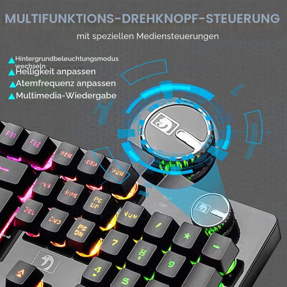 FELiCON Kombi-Sets für drahtlose Tastatur und Maus, 4800mAh, 16 Arten von wiederaufladbaren RGB-LED-Gaming-Tastaturen mit Knopfsteuerung und ergonomischer 7-Farben-LED-Hintergrundbeleuchtung