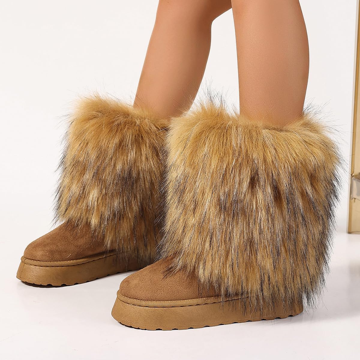 Women's Faux Fur Mid Calf Short Snow Boots Round Toe Suede Warm Fur Lined Platform Flat Shoes Comfort Outdoor Winter Fashion Furry Fluffy Boots