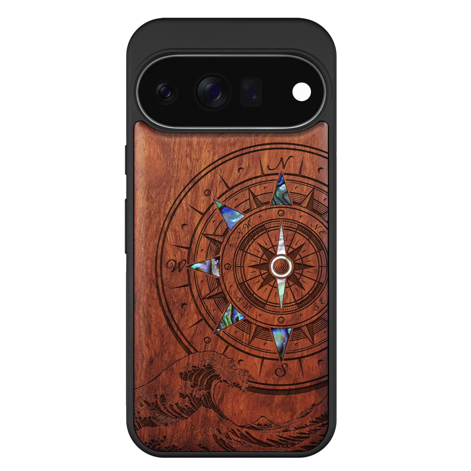 Carveit Madera Funda para Google Pixel 11 (Rosa-La Brújula y la Ola) | Compatible con MagSafe [Grabado en madera e incrustación de mejillones] Magnética Cover para Pixel 11 Carcasa