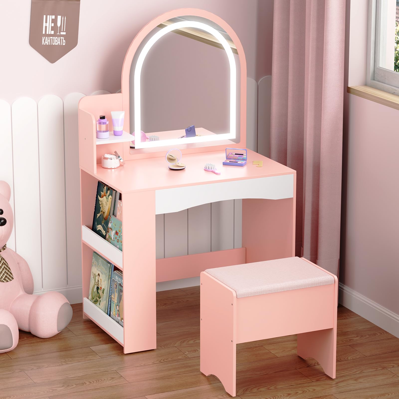 kids vanity with lights princess kids vanity table and chair set with open bookshelf shelves 2 in 1 toddler vanity table amp stool set with lighted mirror for little girls pink