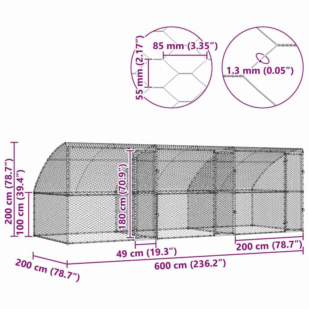 Gabbia per cani in acciaio zincato, 600 x 200 x 200 cm, 3 pezzi, argento, con tetto a rete e sistema di serratura, ideale come cuccia per cani, cuccioli, recinto per giardino, terrazza