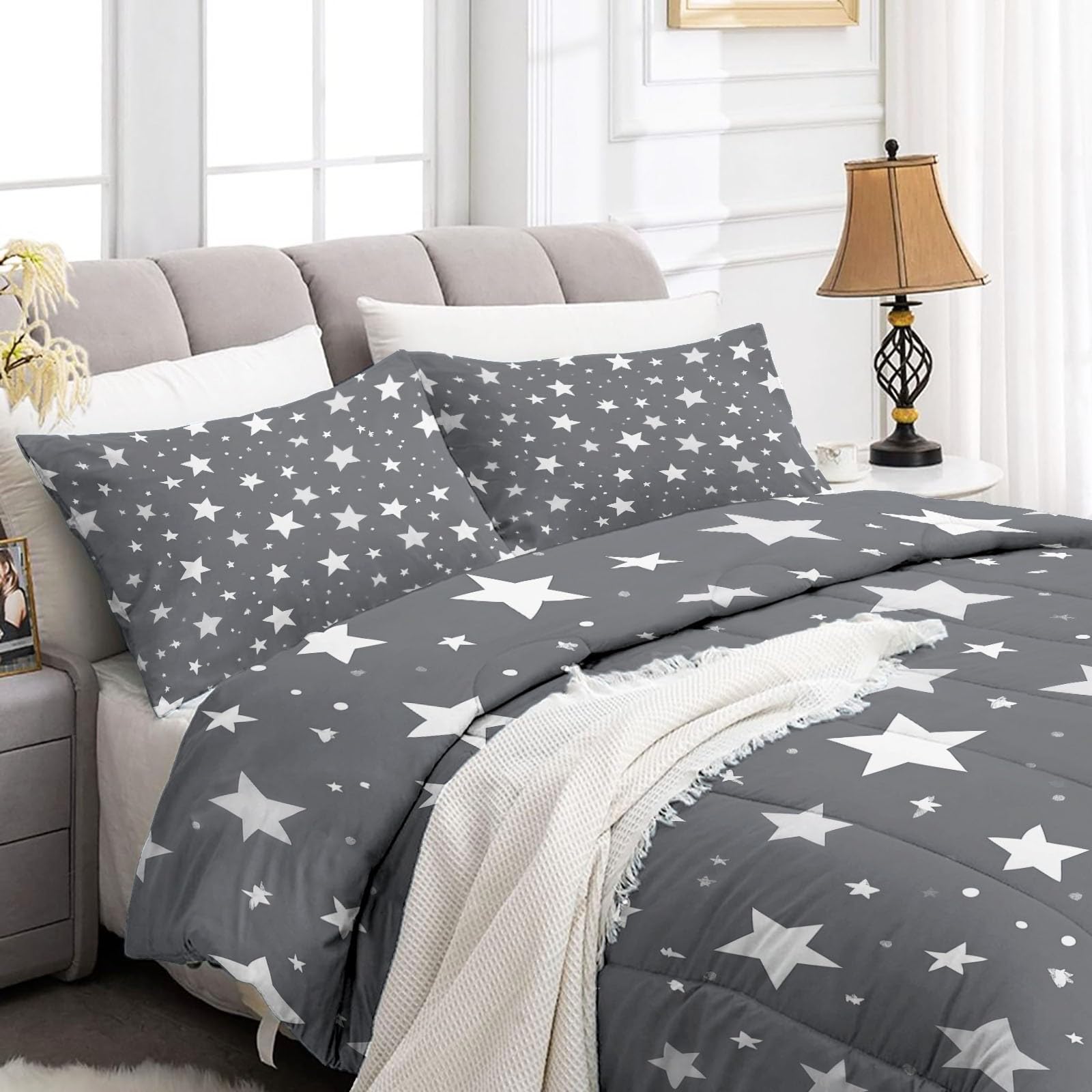 Dibujos Animados De Lindas Estrellitas Edredón nórdico de Microfibra 155x220 cm – Relleno nórdico 4 Estaciones – Ultra Suave Ligero, Reversible y Transpirable, Gris