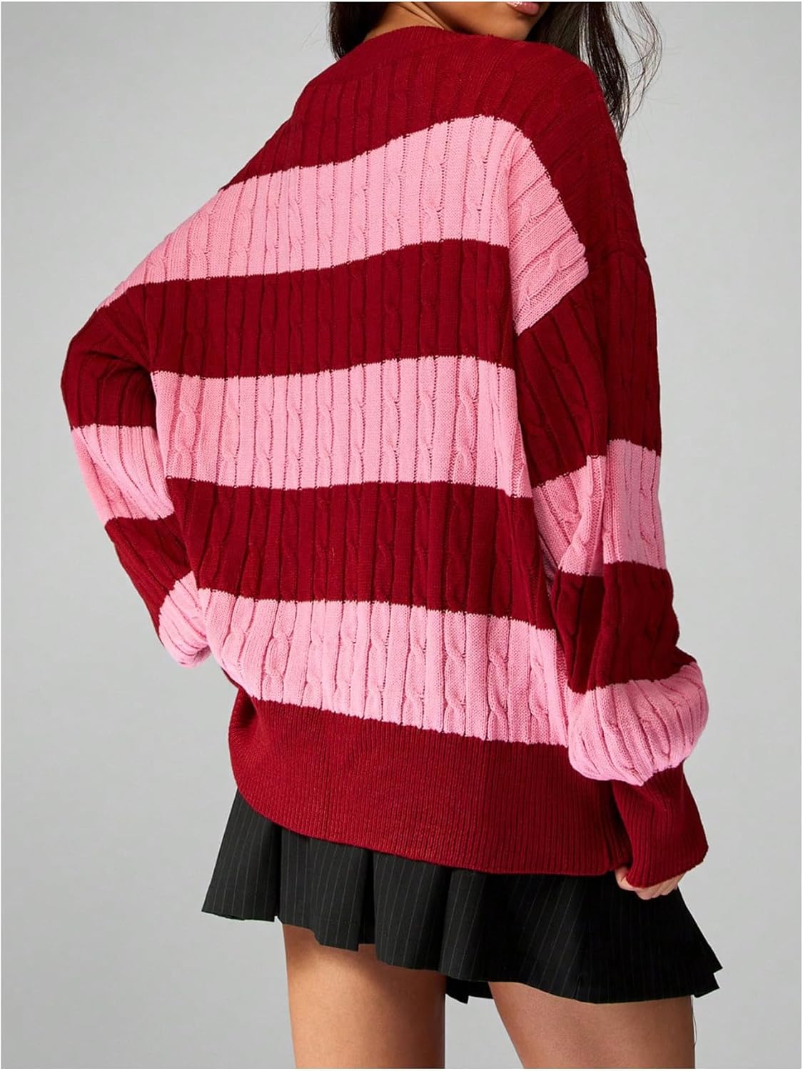 SHENHE Women's Oversized Striped Sweater V Neck Long Sleeve Preppy Cable Knit Pullover - Image 2
