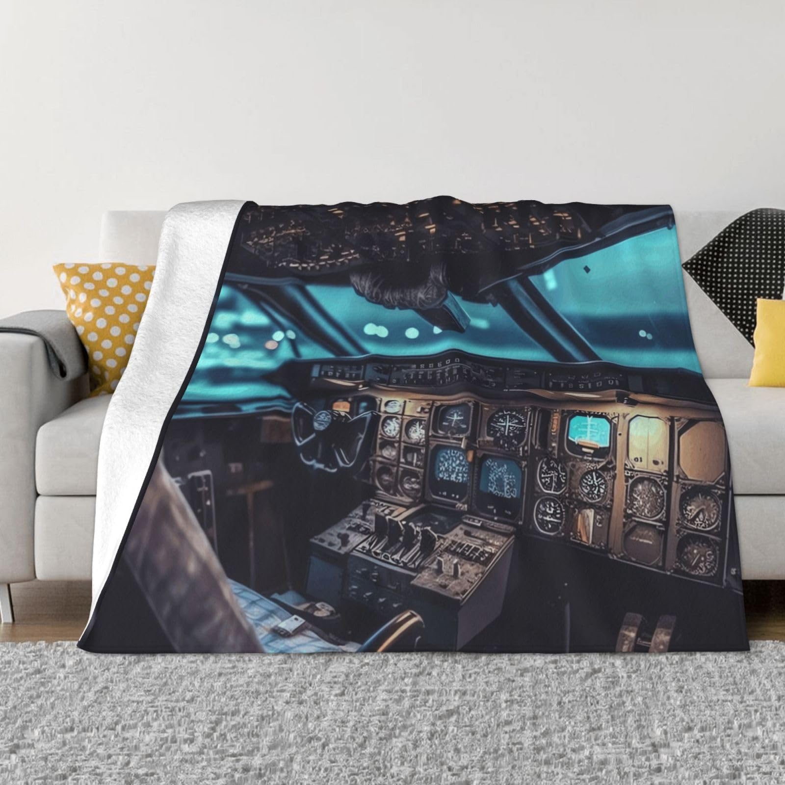 Fodpand Black Airplane Cockpit Flannel Blanket 80"X60" - Ultra-Soft Lightweight Throw Blanket For Bed, Sofa, And Couch - Luxury Air Conditioning Blankets - Cozy Warm Blankets For All Seasons