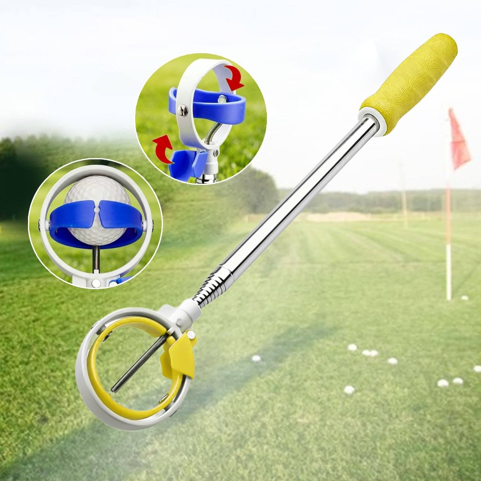 Raccoglipalline da Golf Portatile con Impugnatura in Gomma Antiscivolo, Realizzato in PP E Acciaio Inossidabile, con Gabbia Ad Apertura Rapida, Giallo