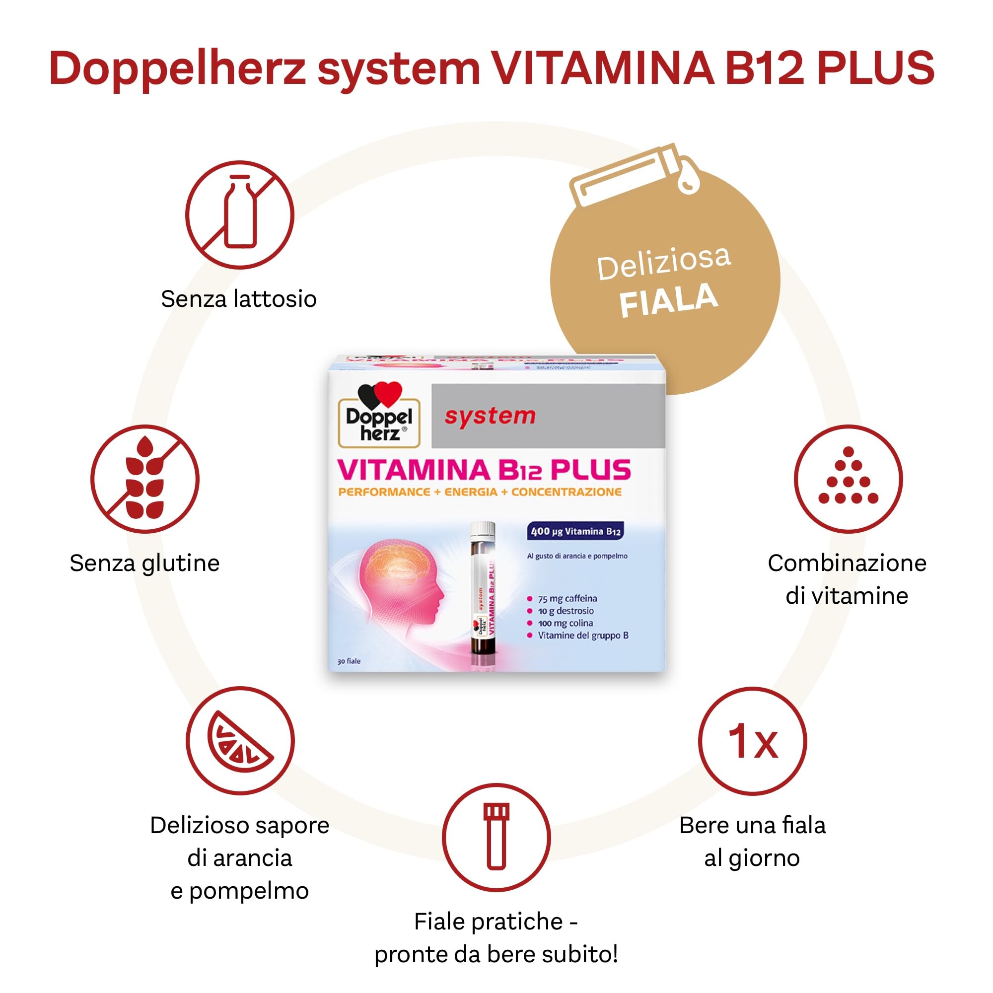 Doppelherz system VITAMINA B12 PLUS - Integratore Alimentare con Destrosio, Vitamine del Gruppo B, Caffeina e Colina, Sapore Arancia e Pompelmo - Senza Glutine e Lattosio - 30 Fiale