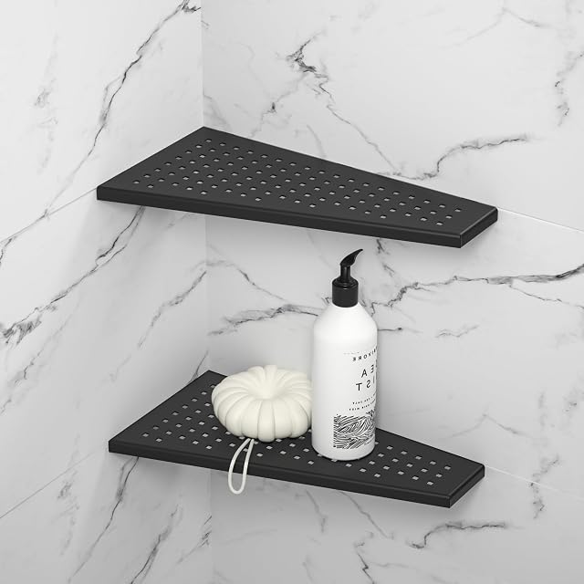 Bernkot Corner Shower Shelf Matte Black 12 304 Stainless Steel Trapezoid Grout in Shelf with Grid Hollows Design