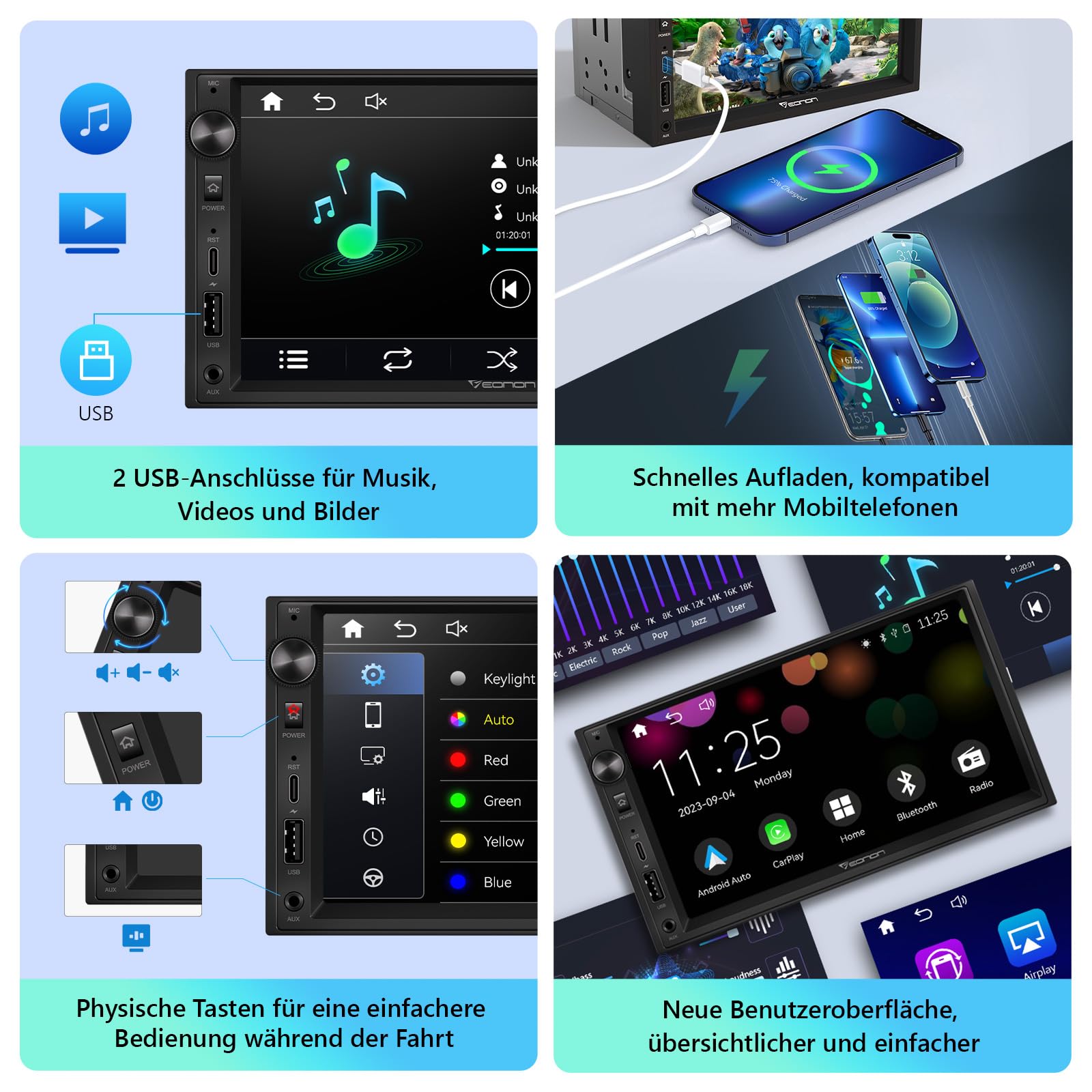 Eonon 7 Zoll Linux Doppel-Din-Autoradio, kabellos, CarPlay, Android Auto, Schnellladung, USB, DSP, Bluetooth, MirrorLink, RCA-Eingang/Ausgang, AUX-Eingang mit Rückfahrkamera X3