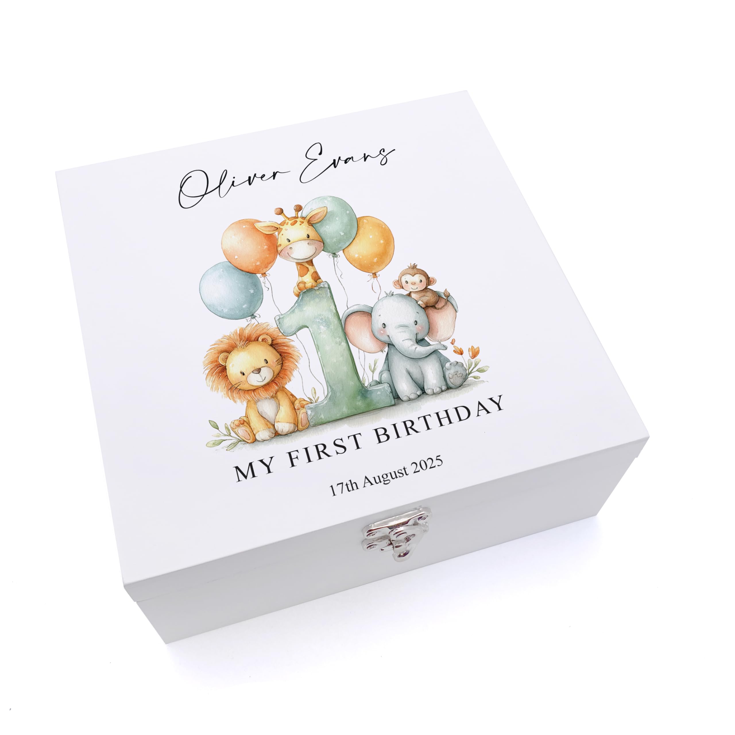 Personalised First Birthday Memory Box, Safari Animals Theme Keepsake Gift (Green)