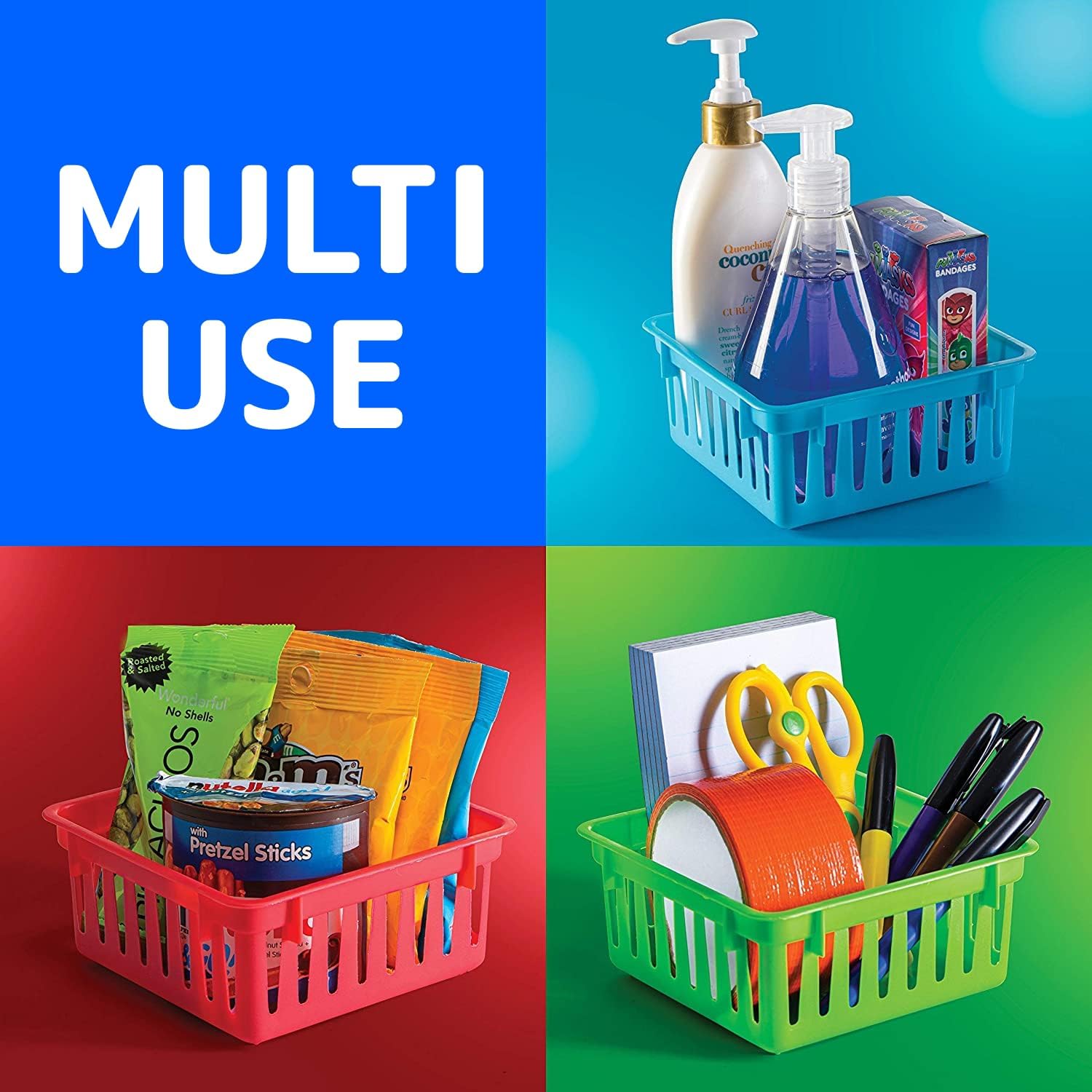 PREXTEX Classroom Storage Baskets - Crayon & Pencil Container - Classroom Organization - Multicolor Plastic Square Baskets, 5x5x3 Inches, 12 Count