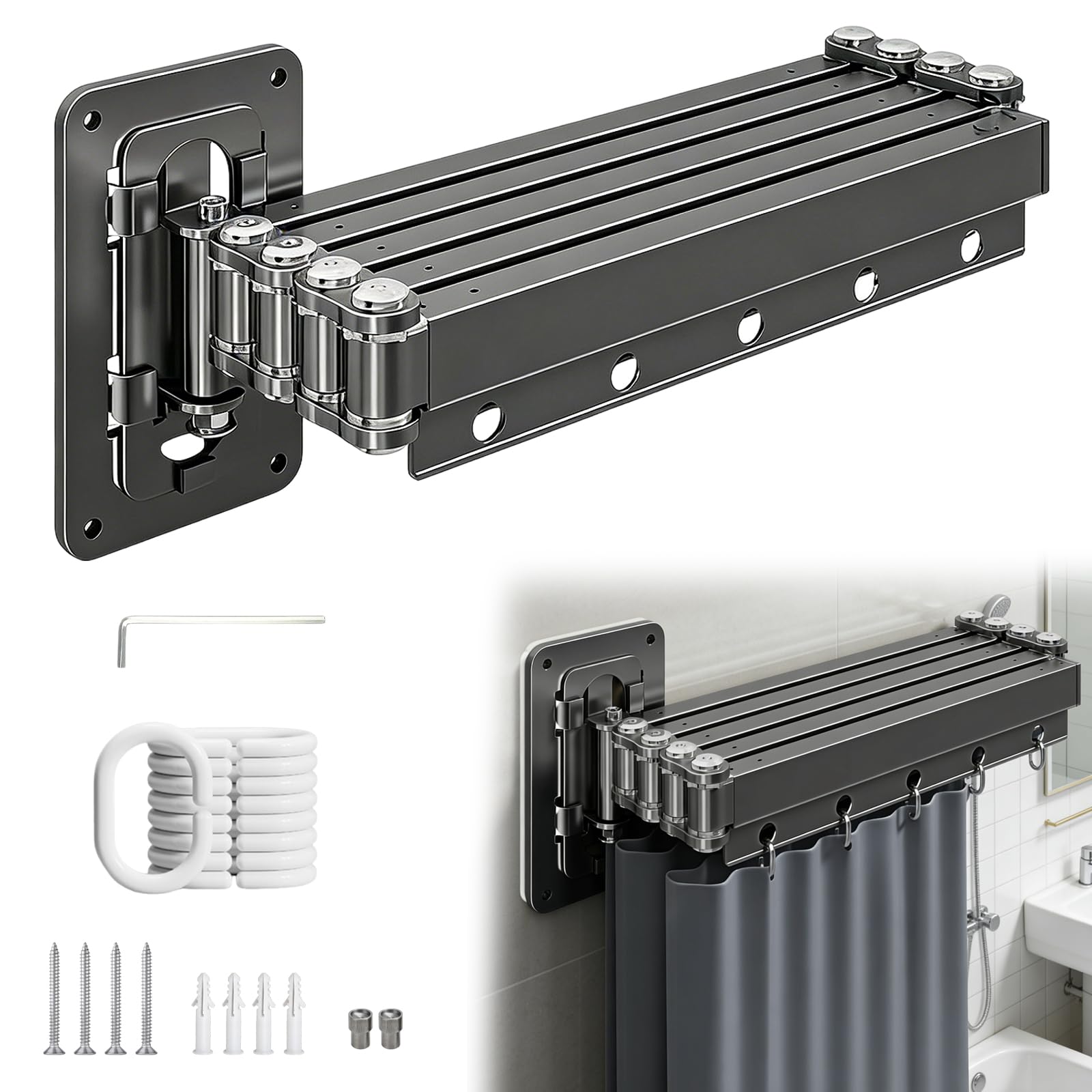 Faltbare Duschvorhangstange mit Saugnapf, 5-fach Faltbar | 180x150cm Wandmontage Duschvorhang Eckvorhangstangen Aluminiumlegierung Wasserdichtem Antischimmel Duschvorhang(Grau)