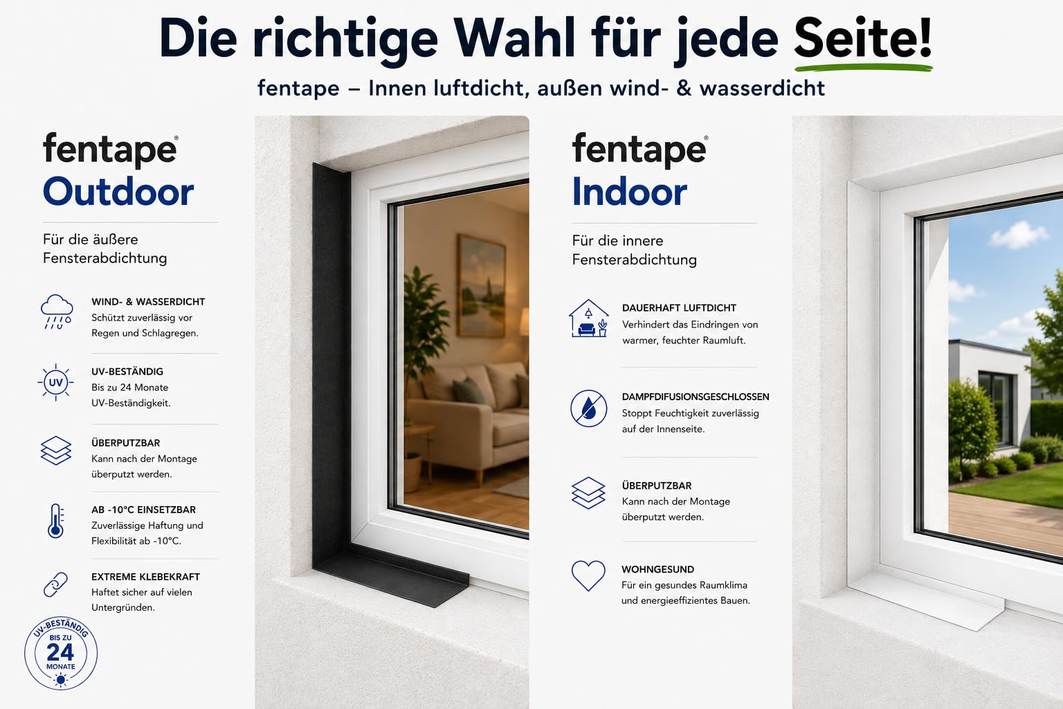 Fensteranschlussband Innen 100 mm x 25 m – Fensterdichtband für RAL-Montage – Vollflächig selbstklebend – Winddicht, luftdicht, dampfdiffusionsdicht, überputzbar Indoor