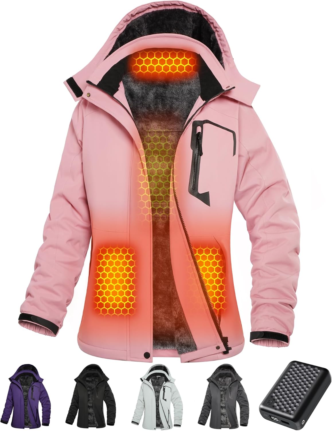 Wulcea Graphene Heated Jacket for Women Fur Lined with Large Capacity Battery Pack