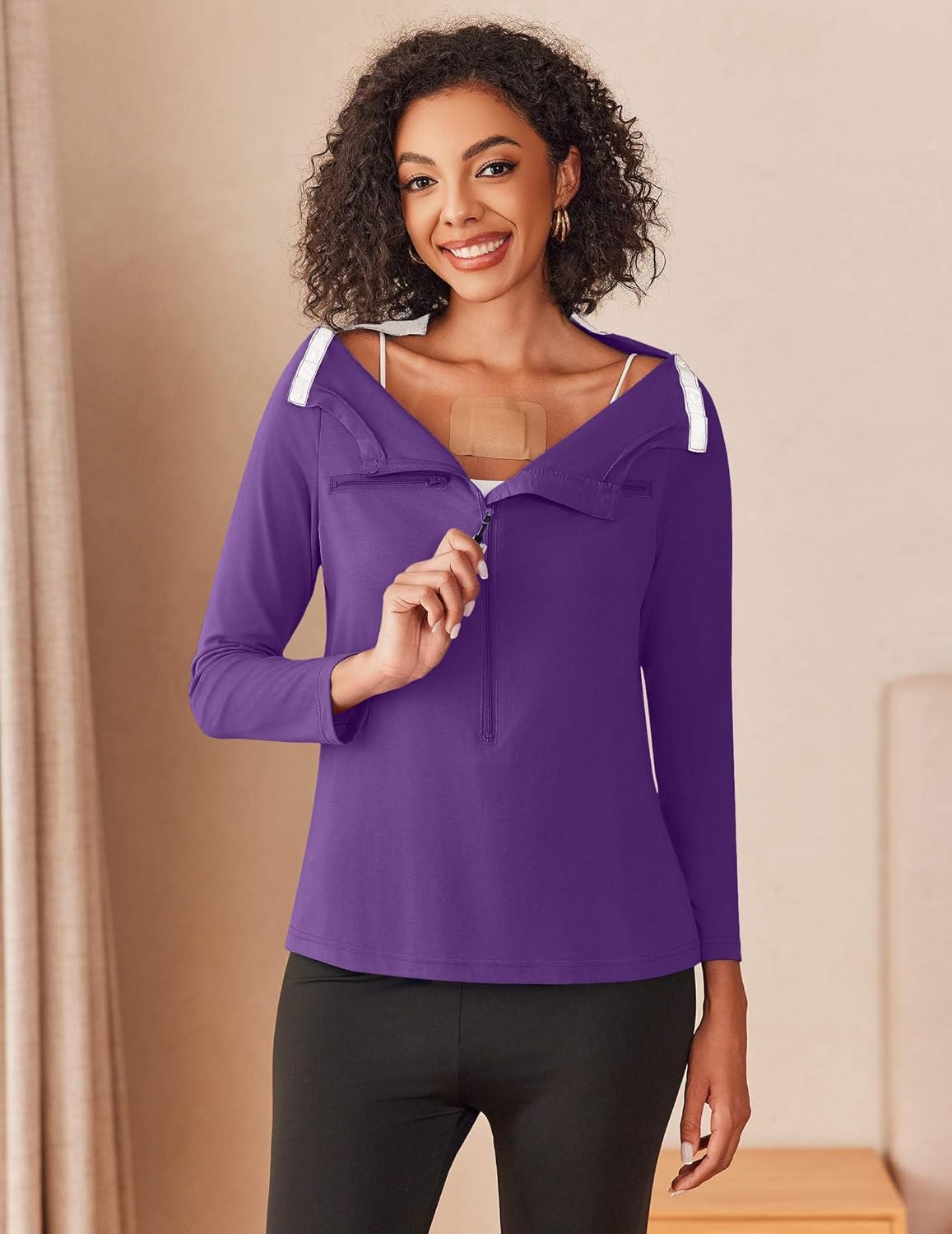 Deyeek Chemo Port Shirts for Women 2 Side Snaps Long Sleeve Shoulder Post Surgery Clothing Dialysis Breast Cancer Shirts - Image 3