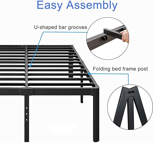 Miniatura 50 de Marco de cama de metal de alta resistencia de 16 pulgadas, marco de cama de plataforma tamaño matrimonial, no necesita somier, sin ruido, fácil