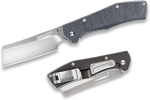Gerber Gear Flatiron Folding Cleaver Pocket Knife, EDC Tactical Knife with Plain Edge Blade, Grey Micarta