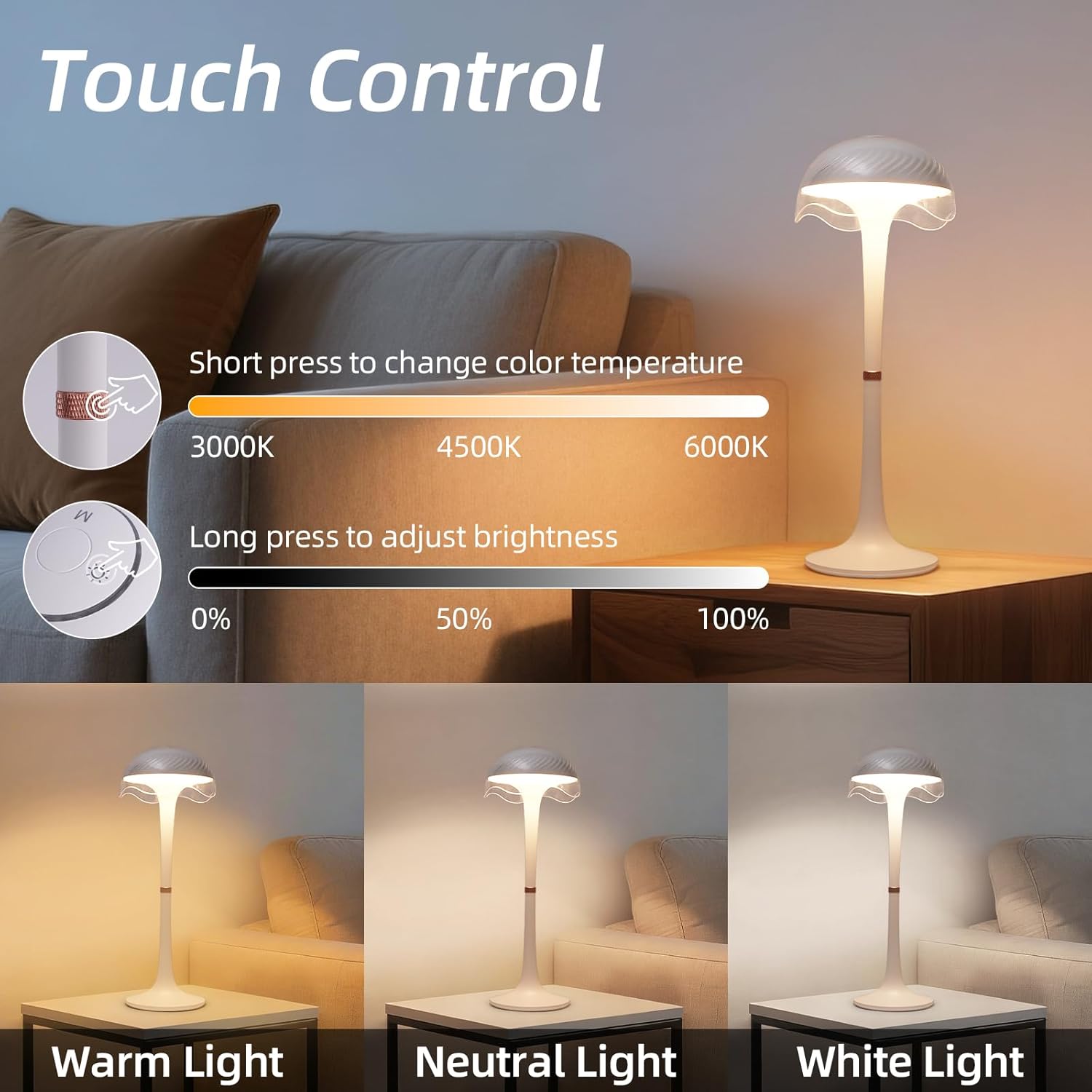 Cordless Table Lamp, Portable Battery Operated Touch Control Lamp with 3 Colors & 7 RGB Stepless Dimmable, Rechargeable Table Lamp for Home Office/Dinner/Restaurant/Bedroom (White)