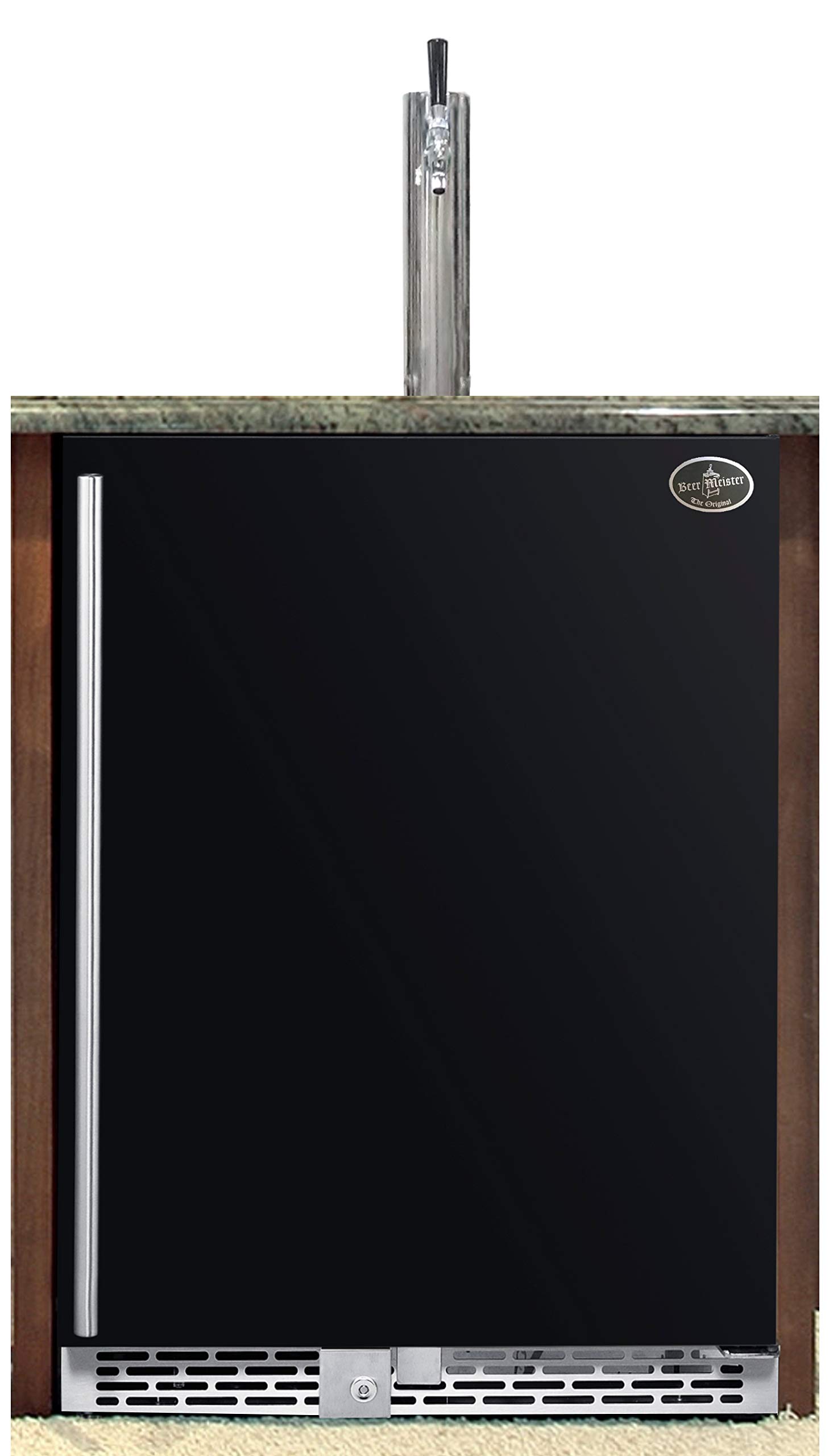 Beer Meister - Beer Kegerator Premium Series, Draft Beer Dispenser For Home Bar, Wine, Soda, & Draft Beer Dispenser System, Single Tower Kegerator Kit w/Black Stainless Door, 24.88 x 23.88 x 34.38 in | Fridge.com