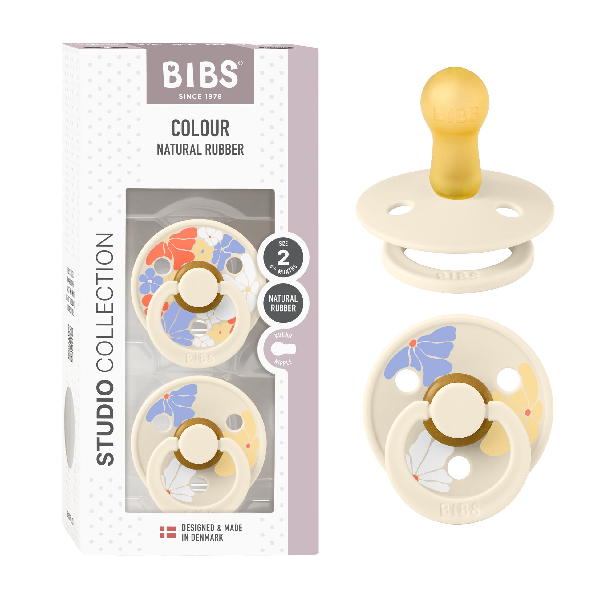 BIBS Colour Studio Soother 2-Pack, BPA Free Dummy Pacifier, Round Nipple. Natural Rubber Latex, Made in Denmark, Size 2 (6-18 Months), Violet Sky/Petal — view 21