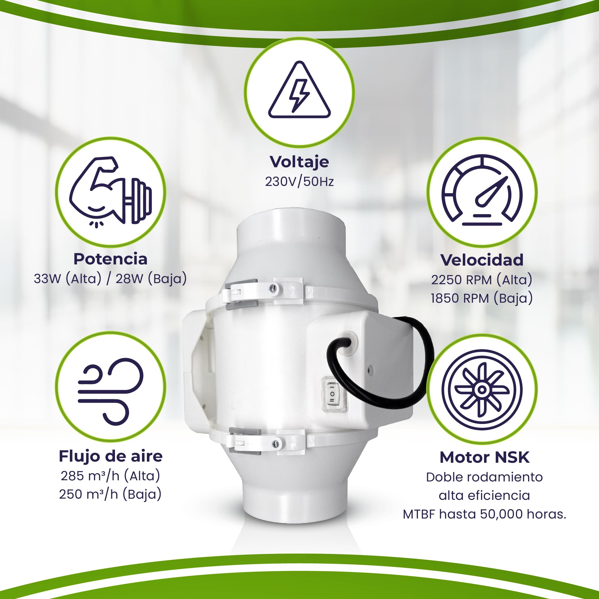 GROWMANIA Extracteur d'air TT pour cultures de 100 mm | Kit extracteur d'odeurs avec débit d'air 187 m³/h Idéal pour armoires de culture | Facile à installer | 2 vitesses | Silencieux