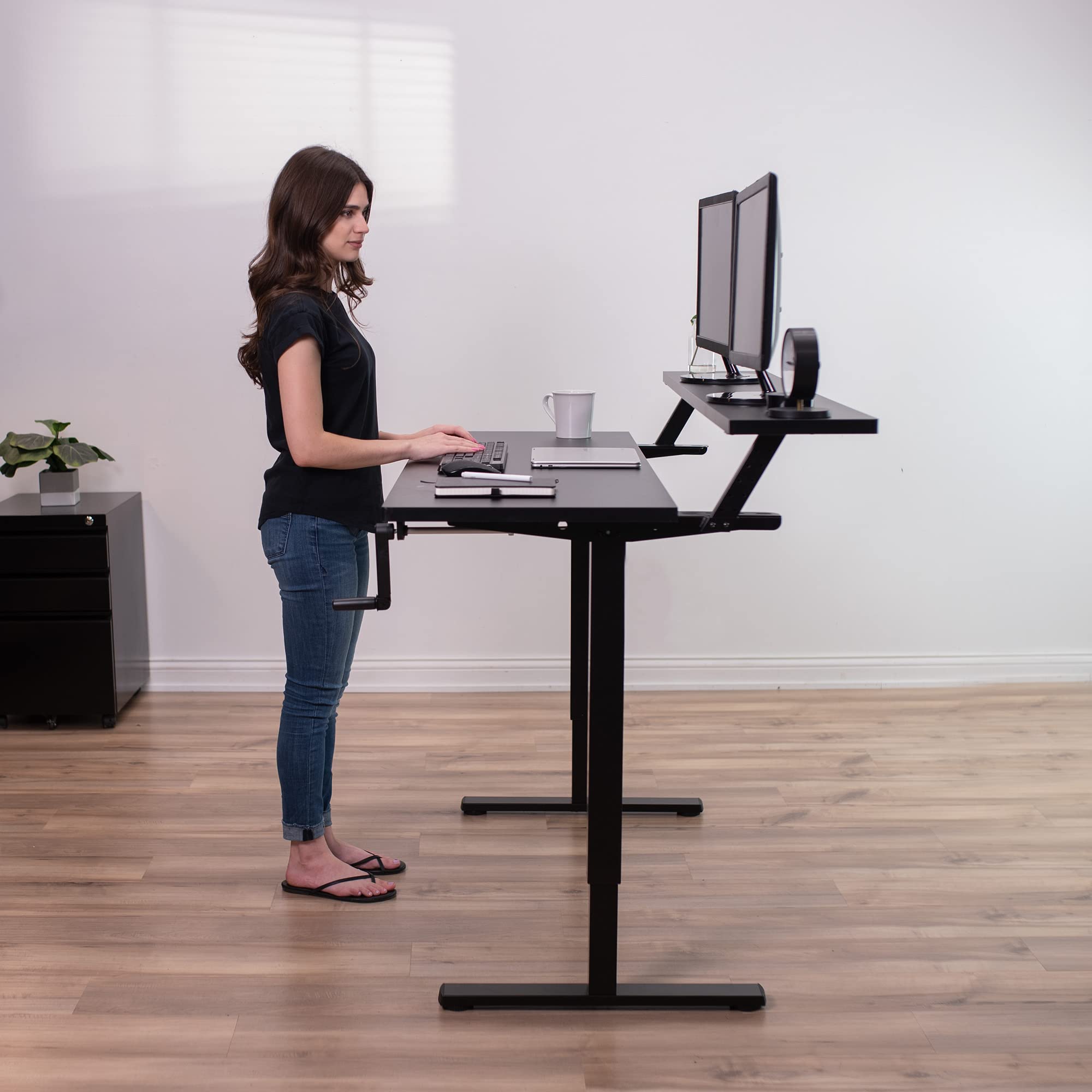 VIVO Manual 2-Tier Height Adjustable 55 x 30 inch Stand Up Desk Dual Tier Adjustable Shelf Table Top — view 8